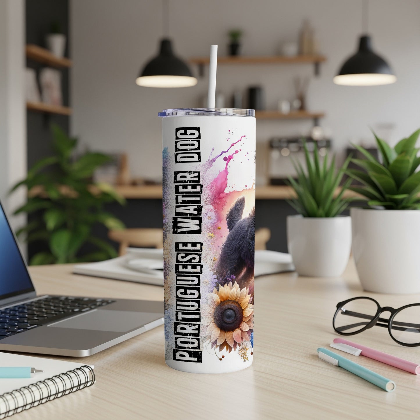 White tumbler with "PORTUGUESE WATER DOG" text and a dog illustration.