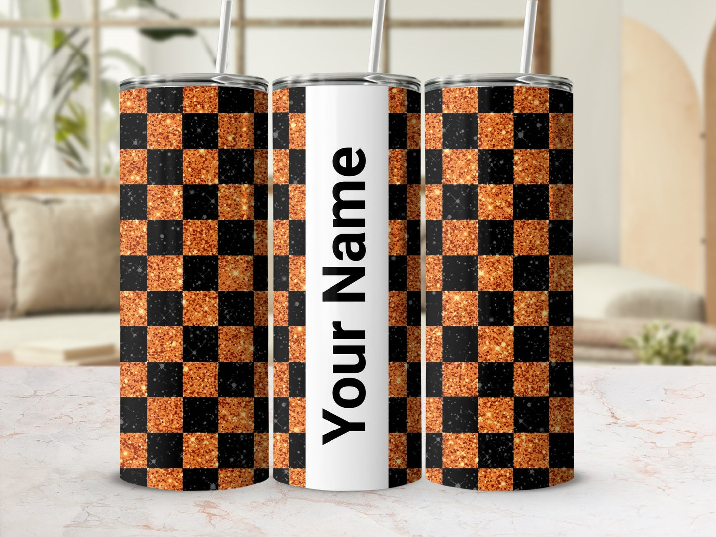 Custom Name Orange Black Checkerboard Tumbler