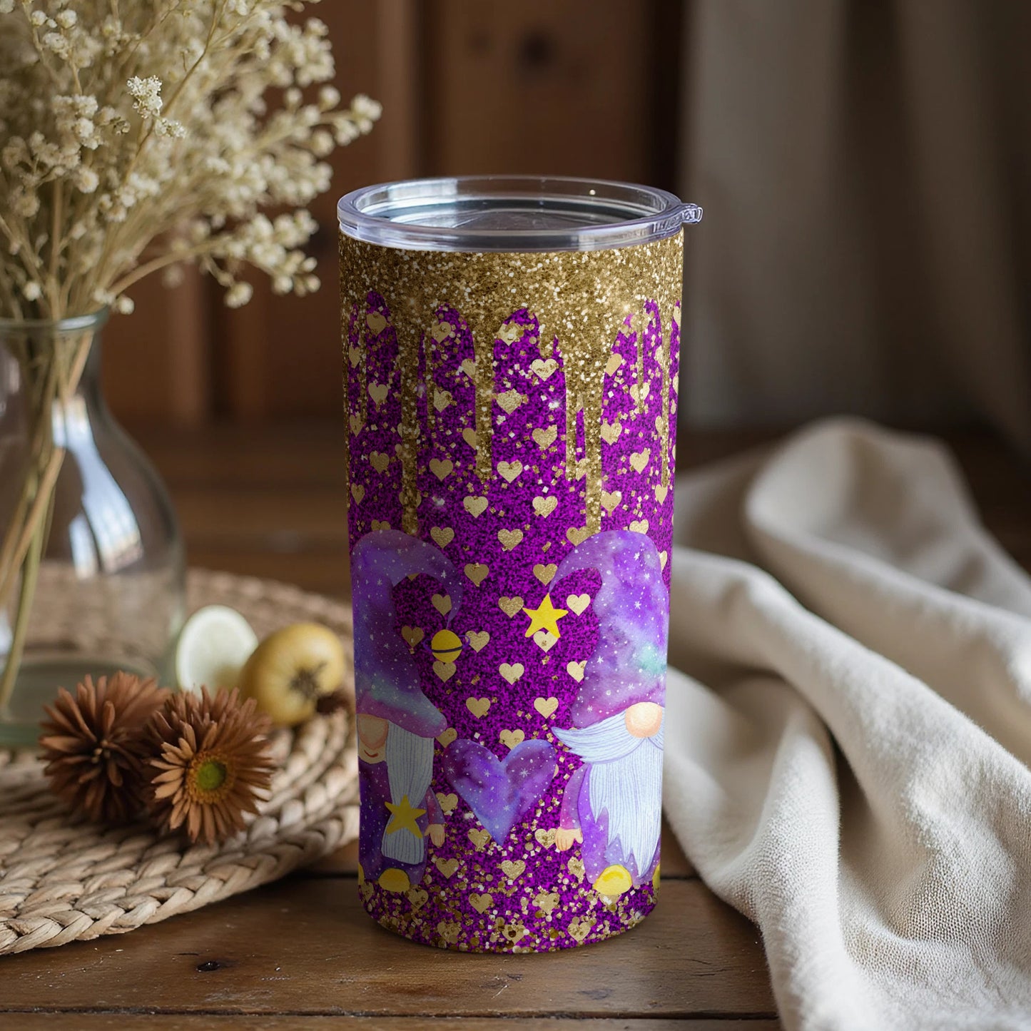Glittery Purple Gnome Hearts Insulated Tumbler Product