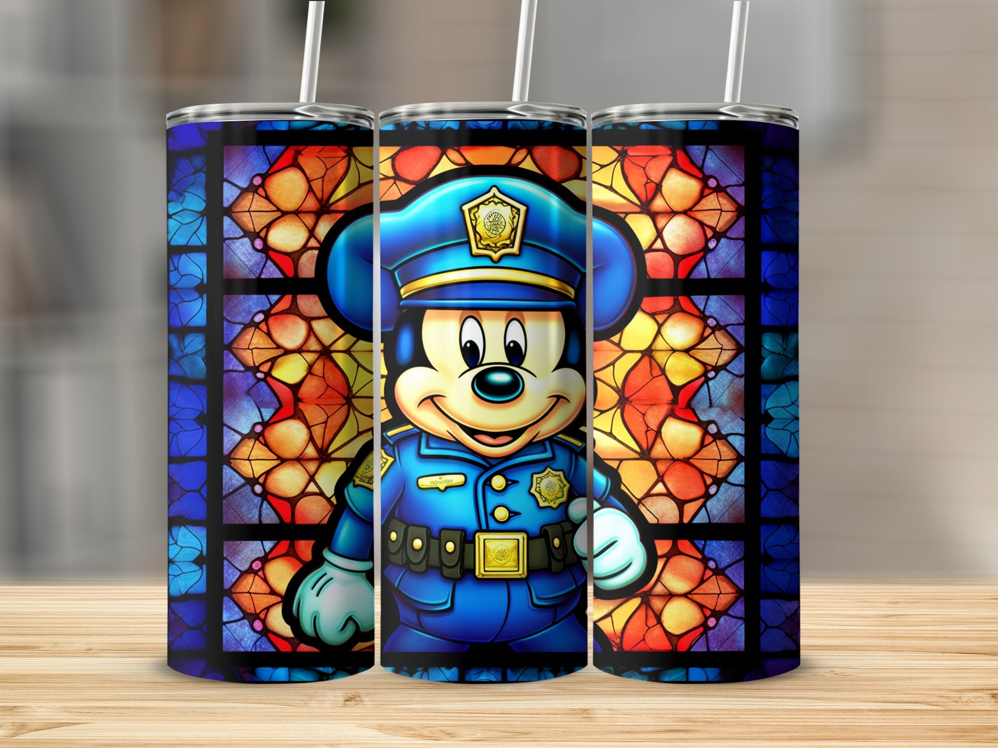 Cute Officer Character Tumbler with Colorful Stained Glass