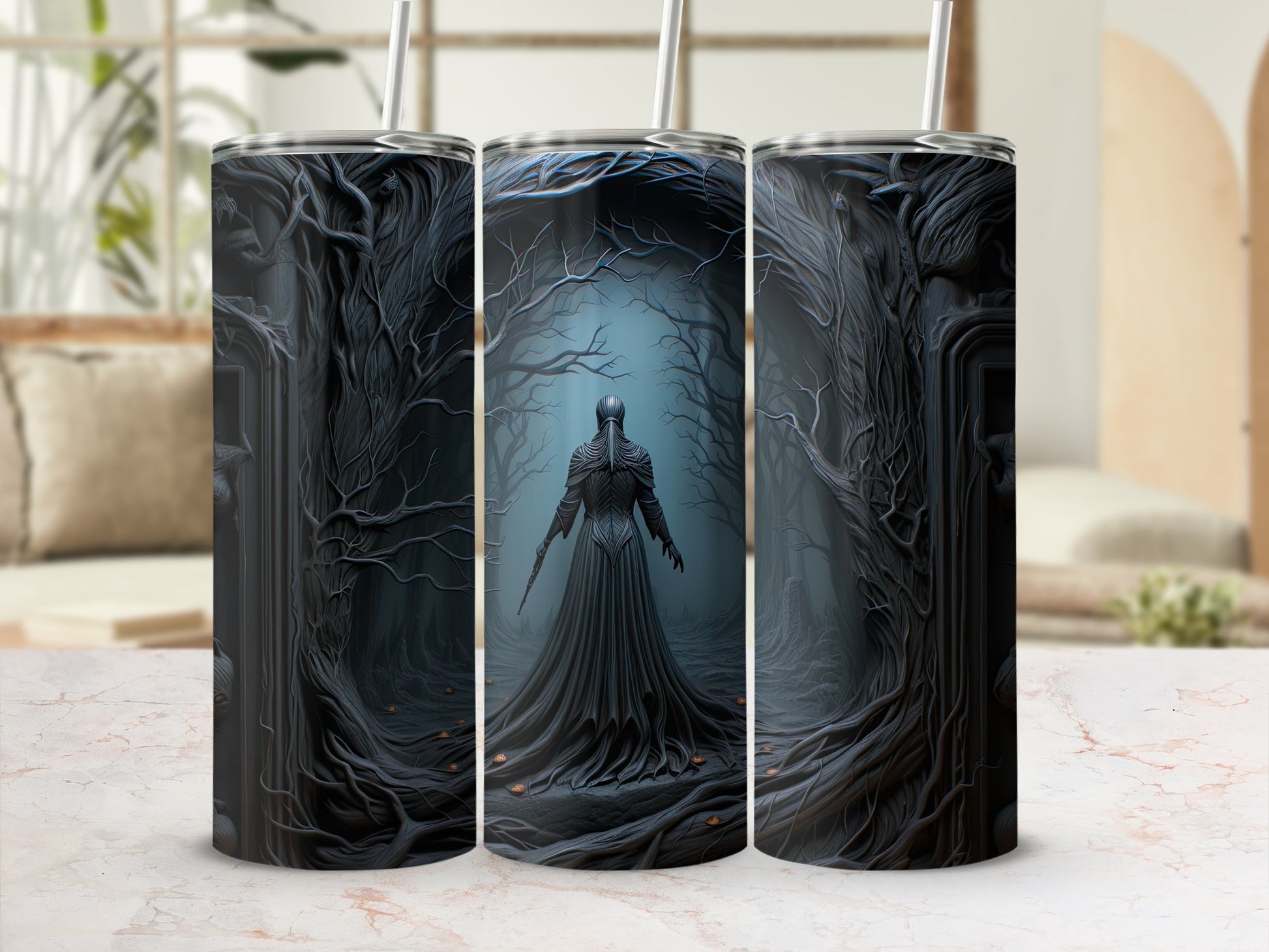 Three tumblers featuring a dark forest scene with a figure in a long gown.