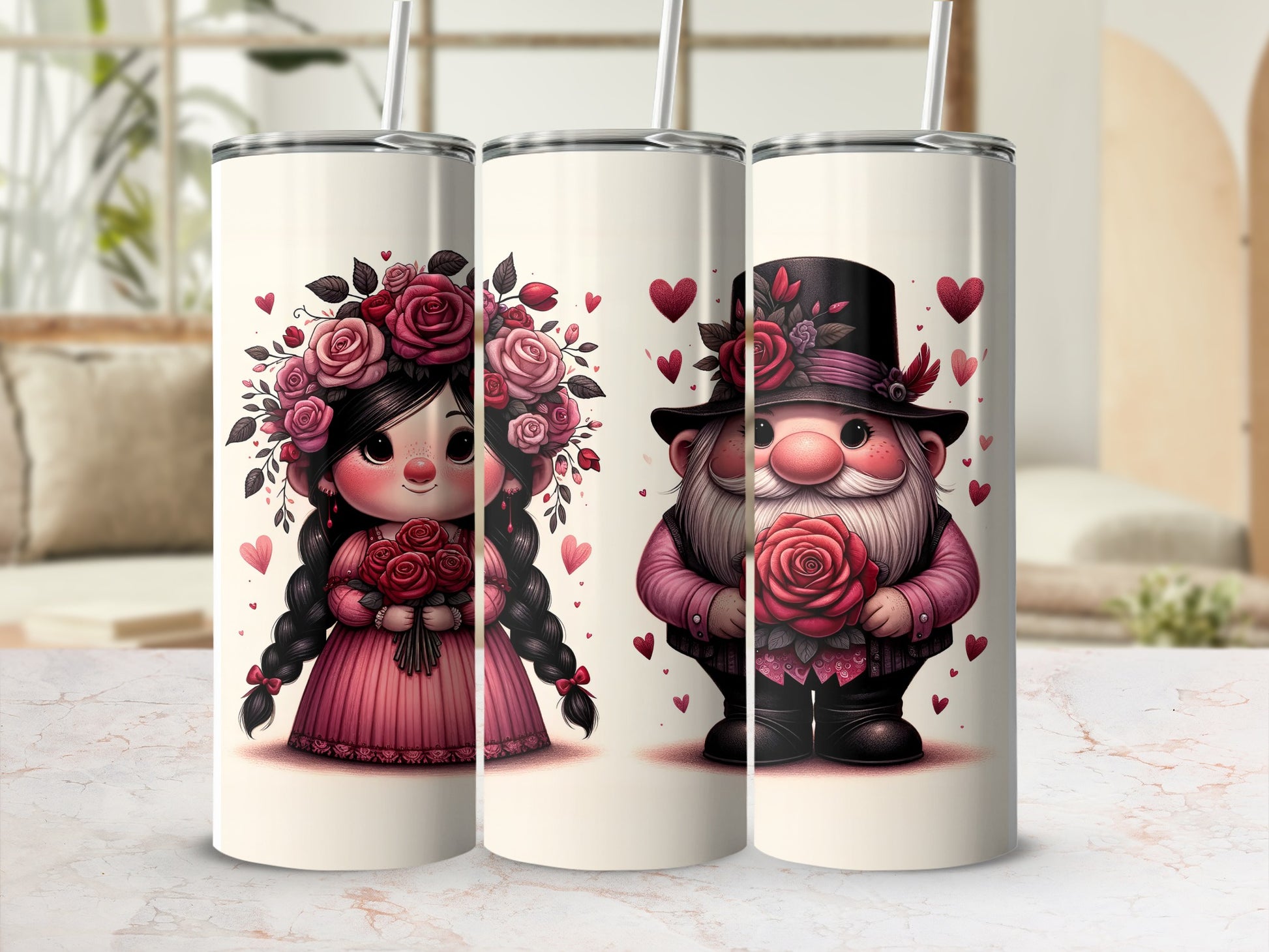 Valentine's Day themed tumblers featuring a girl with flowers and a gnome holding a rose.
