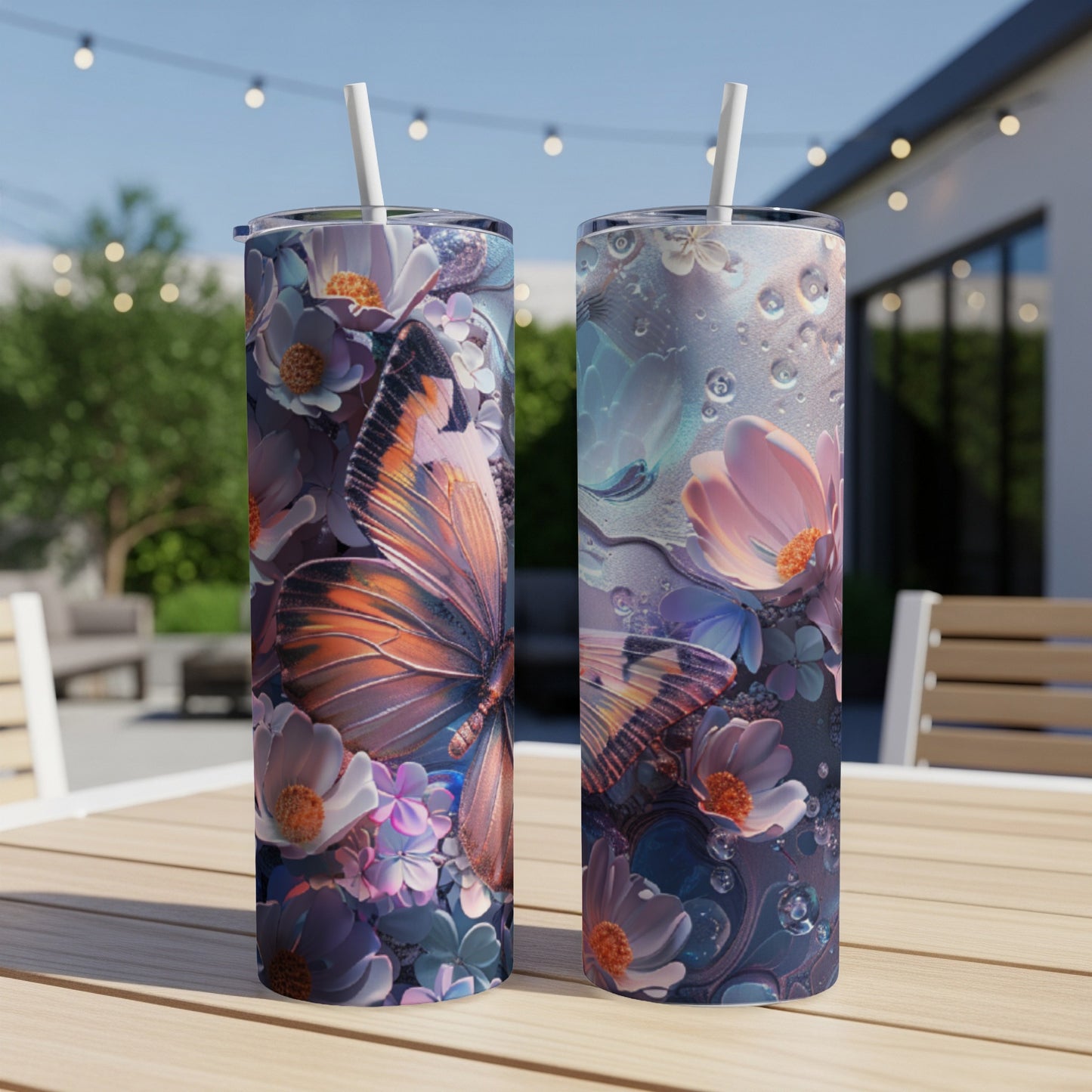 Two butterfly and floral patterned tumblers on a wooden table outdoors.