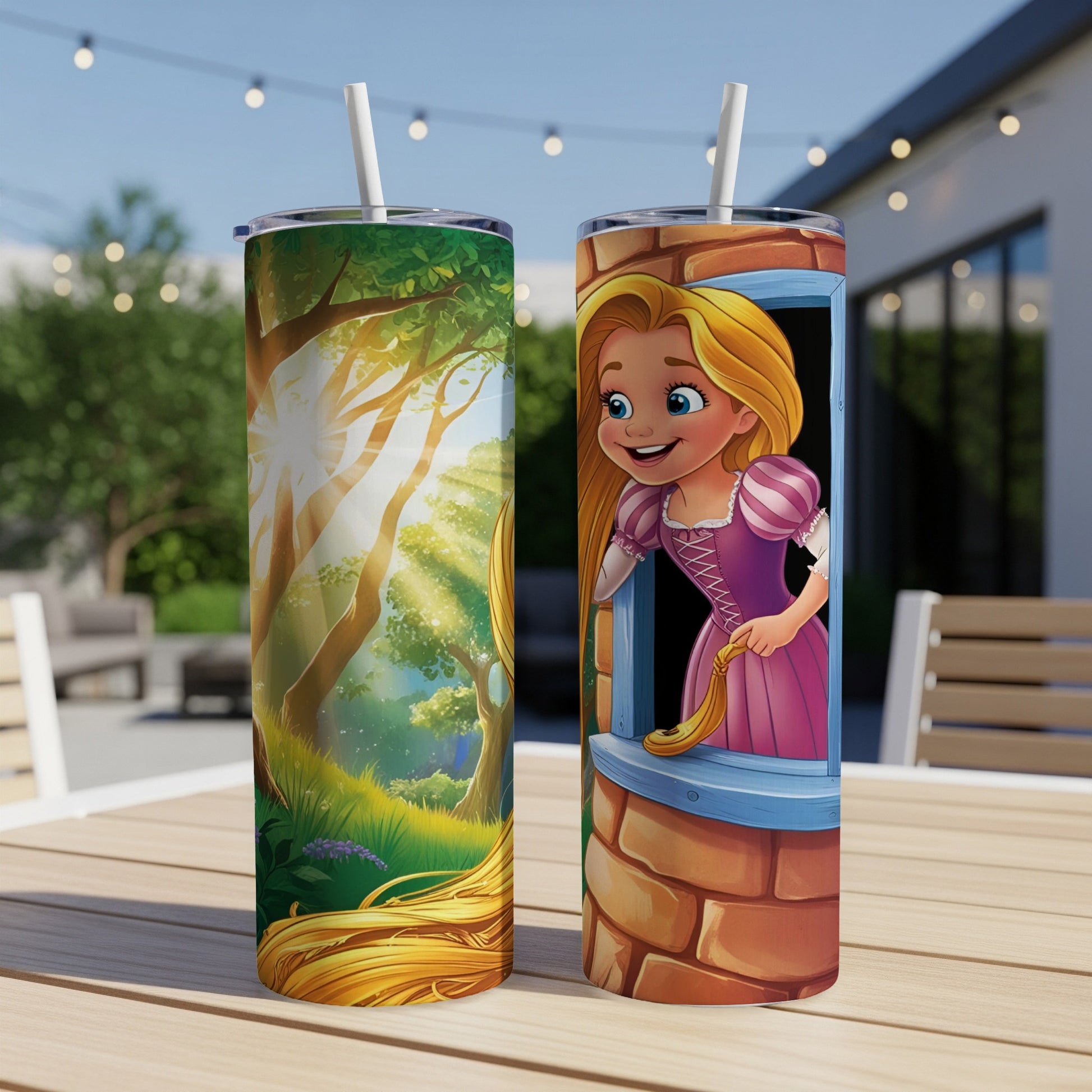 Rapunzel peeks from a castle window on a colorful tumbler.