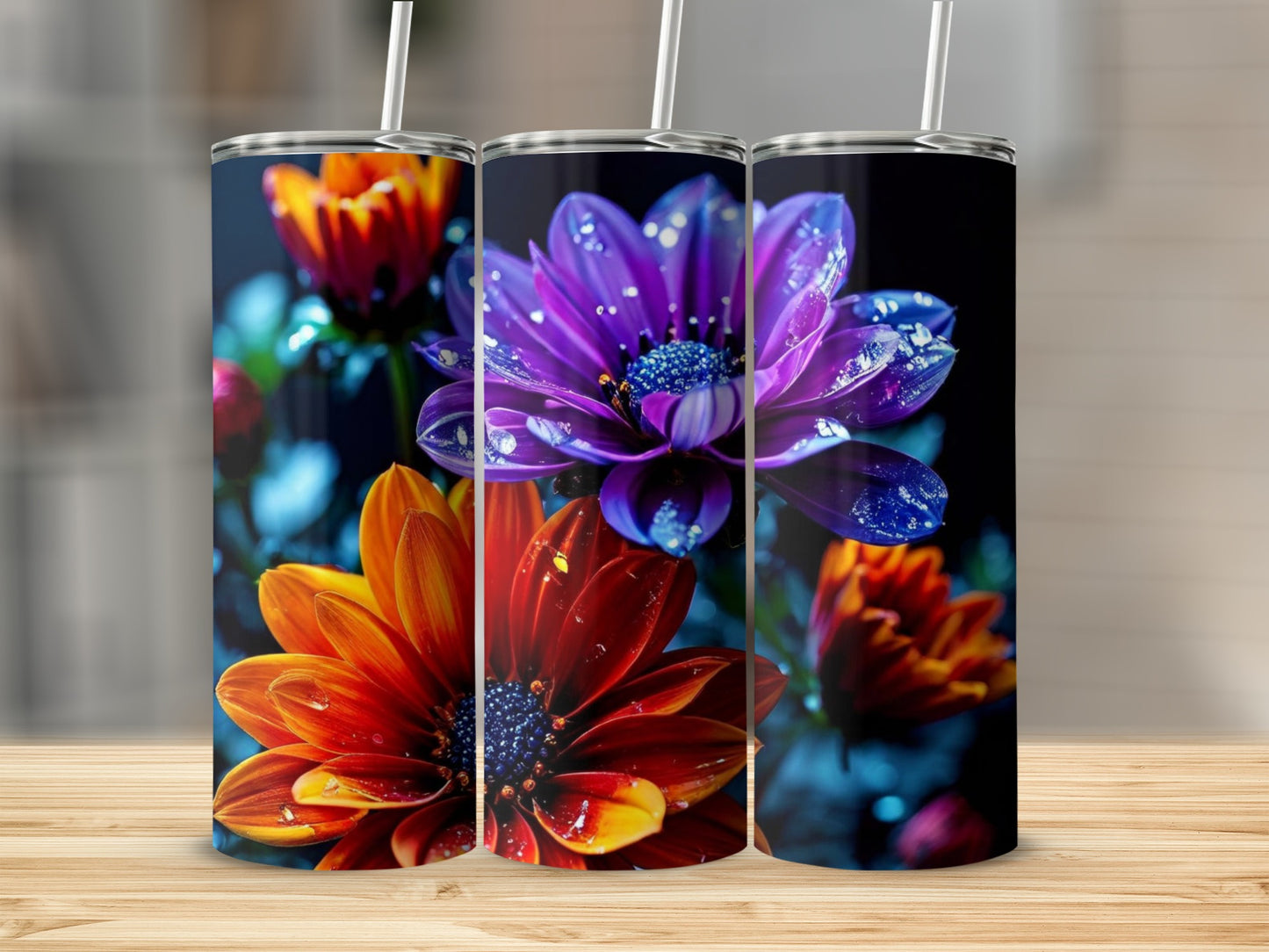 Three tumblers with vibrant purple and orange floral designs, water droplets.