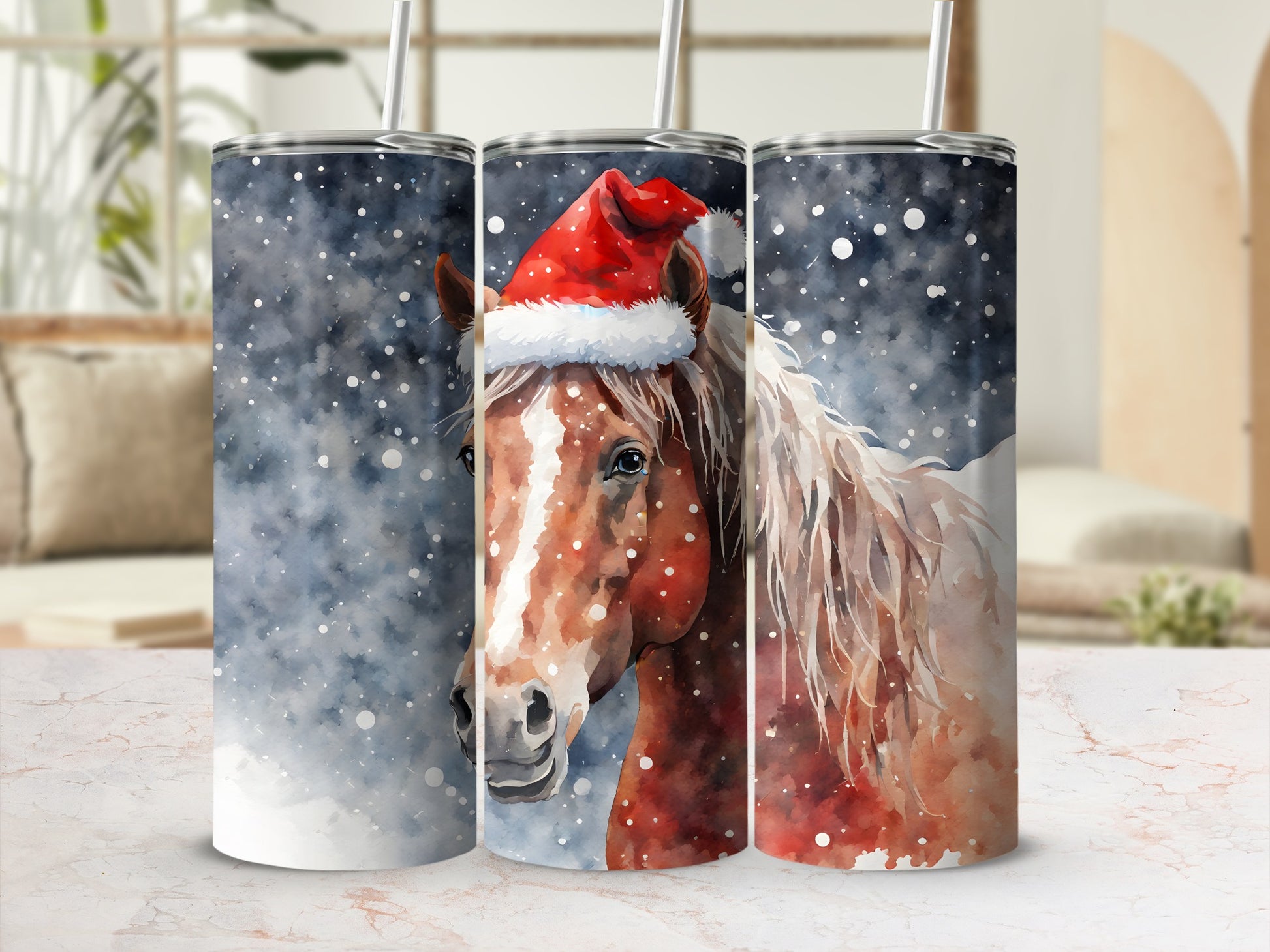 Horse in Santa hat with snowflakes on a tumbler.