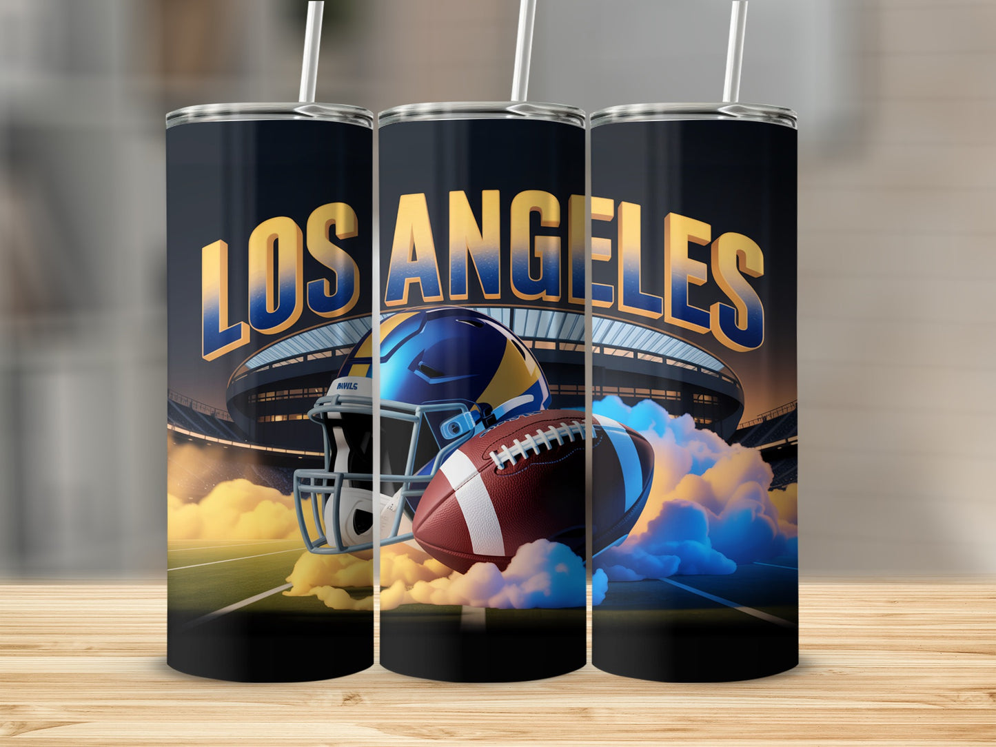 Los Angeles Rams football helmet, football, and stadium lights on a tumbler.