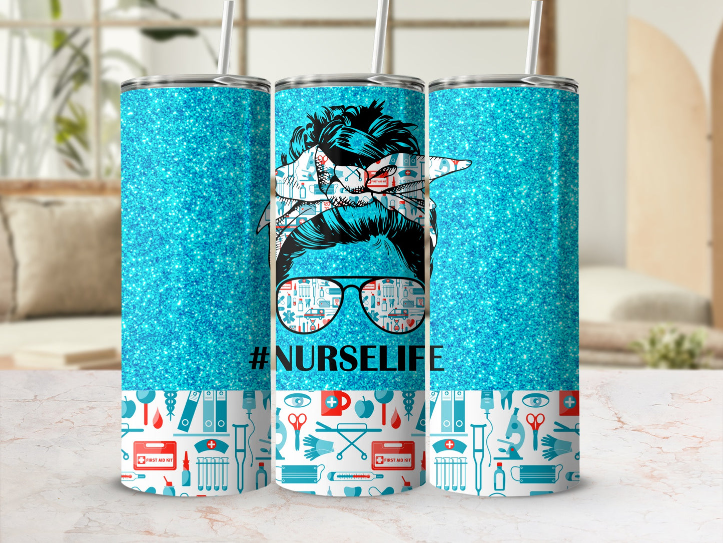 Glittery tumbler with nurse-themed graphics and # NURSELIFE text.