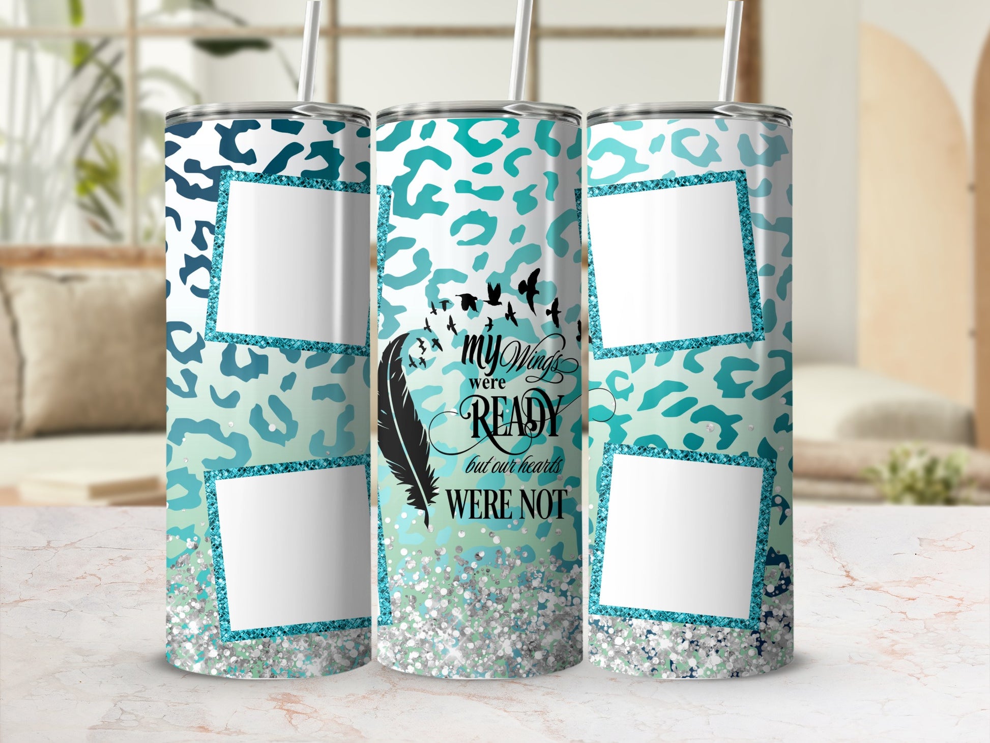 Leopard print tumbler with a feather and birds graphic reading "My wings were ready but our hearts were not."
