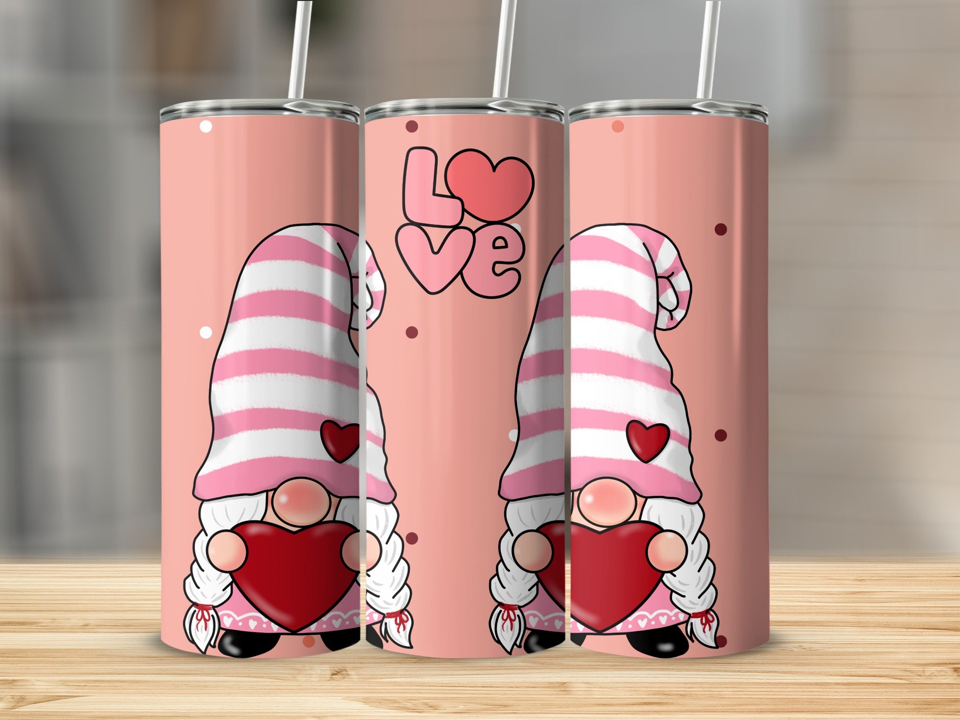Cute Pink Gnome With Heart Love Design Tumbler