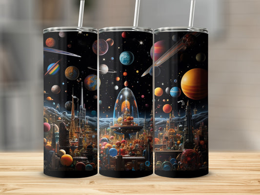 Colorful Planets and Futuristic City Travel Mug