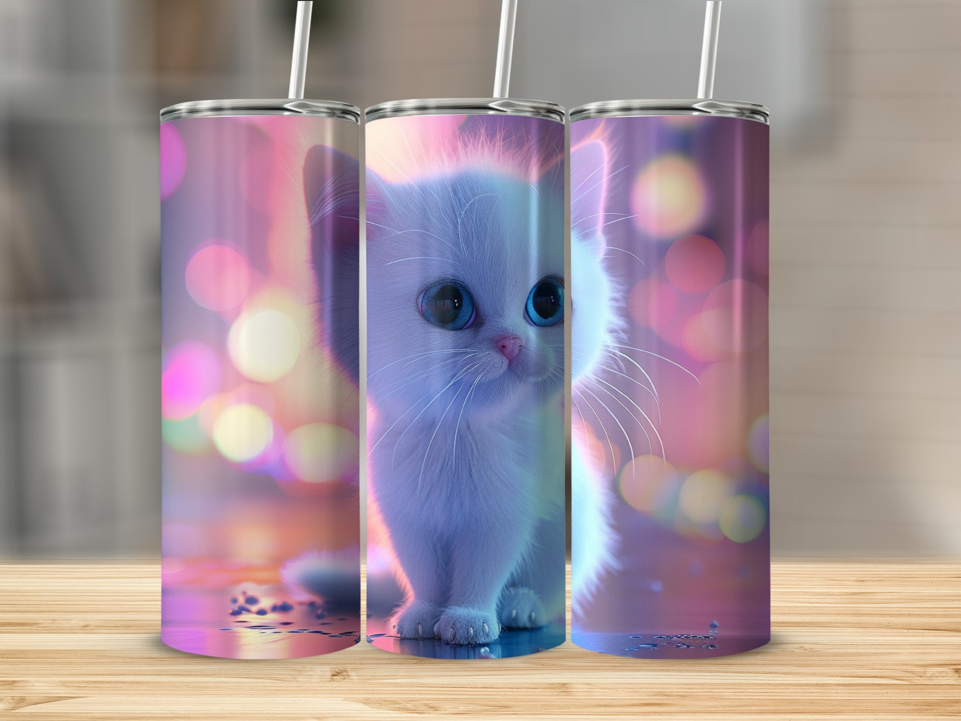 White kitten with large blue eyes on a colorful, bokeh background.