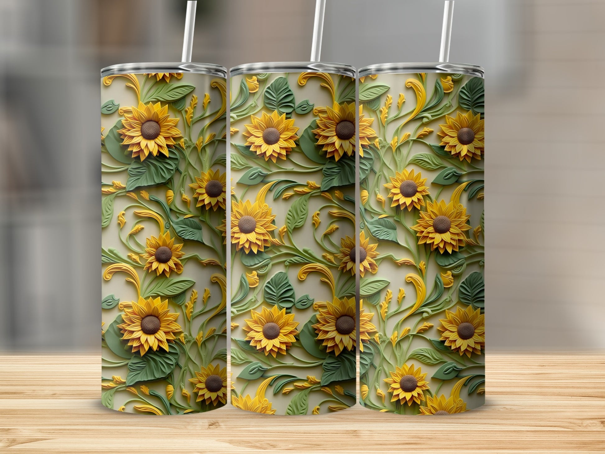 Beautiful Sunflower Print with Leaves Tumbler