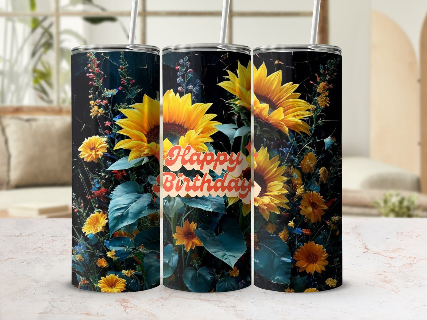 Sunflower birthday tumbler with "Happy Birthday" text on a blurred background.