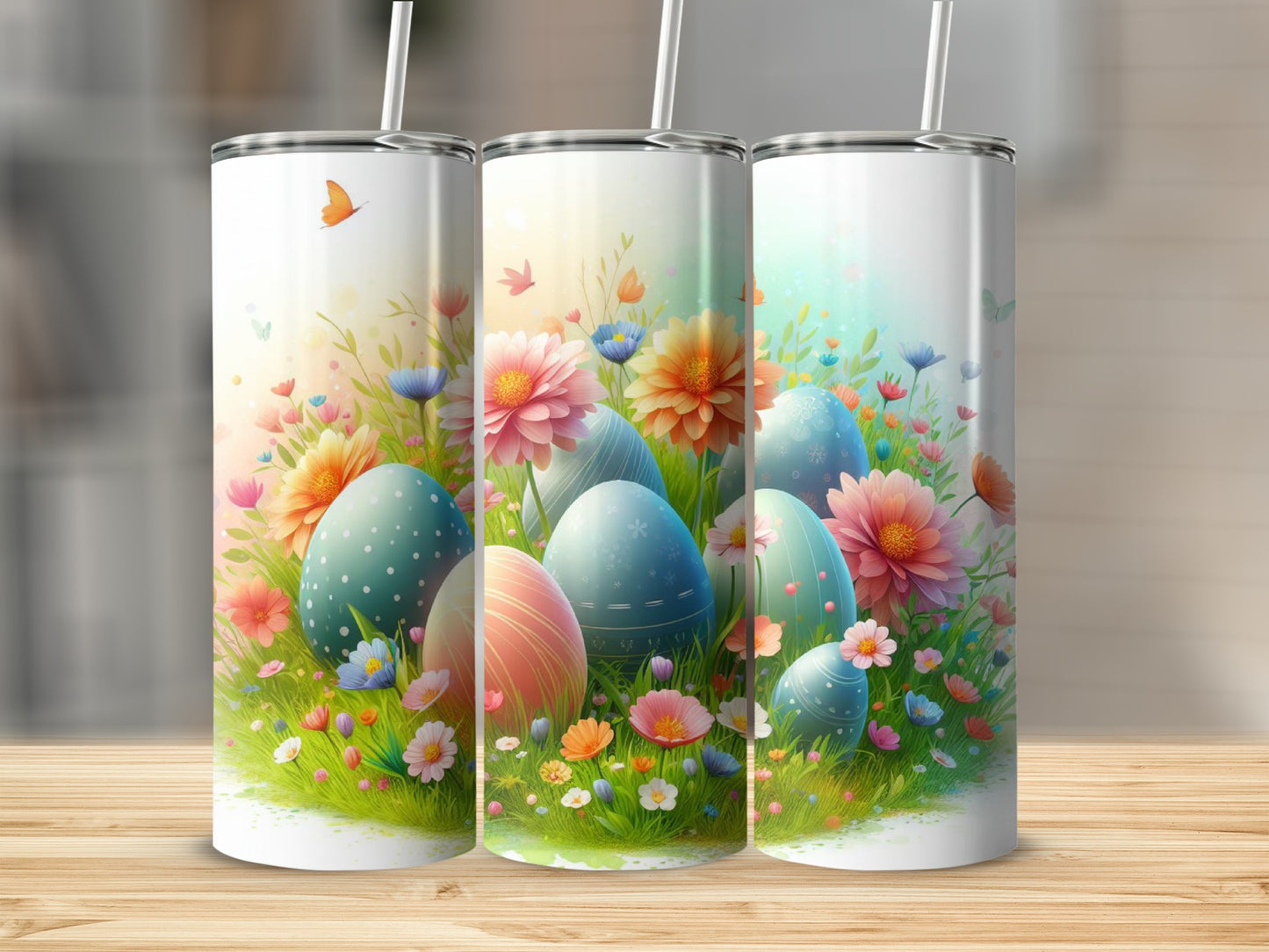 Easter eggs nestled in a floral meadow with butterflies.