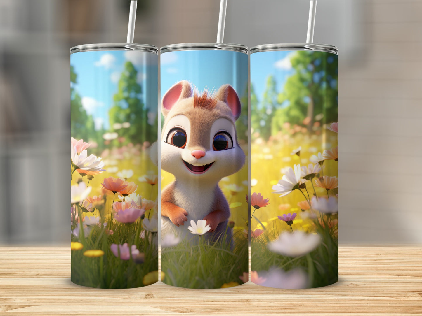 Cute Happy Cartoon Hamster in Flower Field Tumbler
