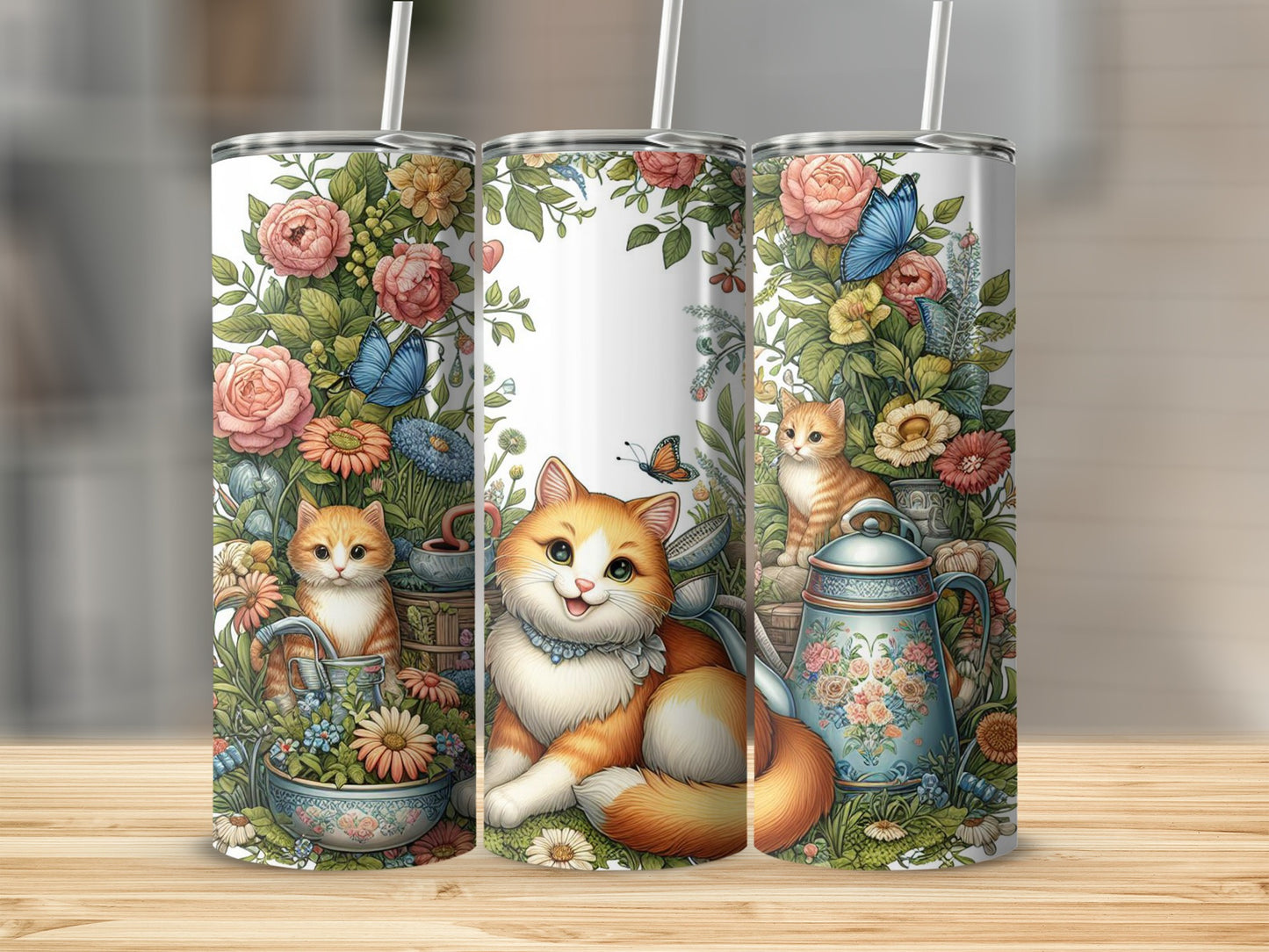 Orange tabby cat with flowers and butterflies on a floral tumbler.