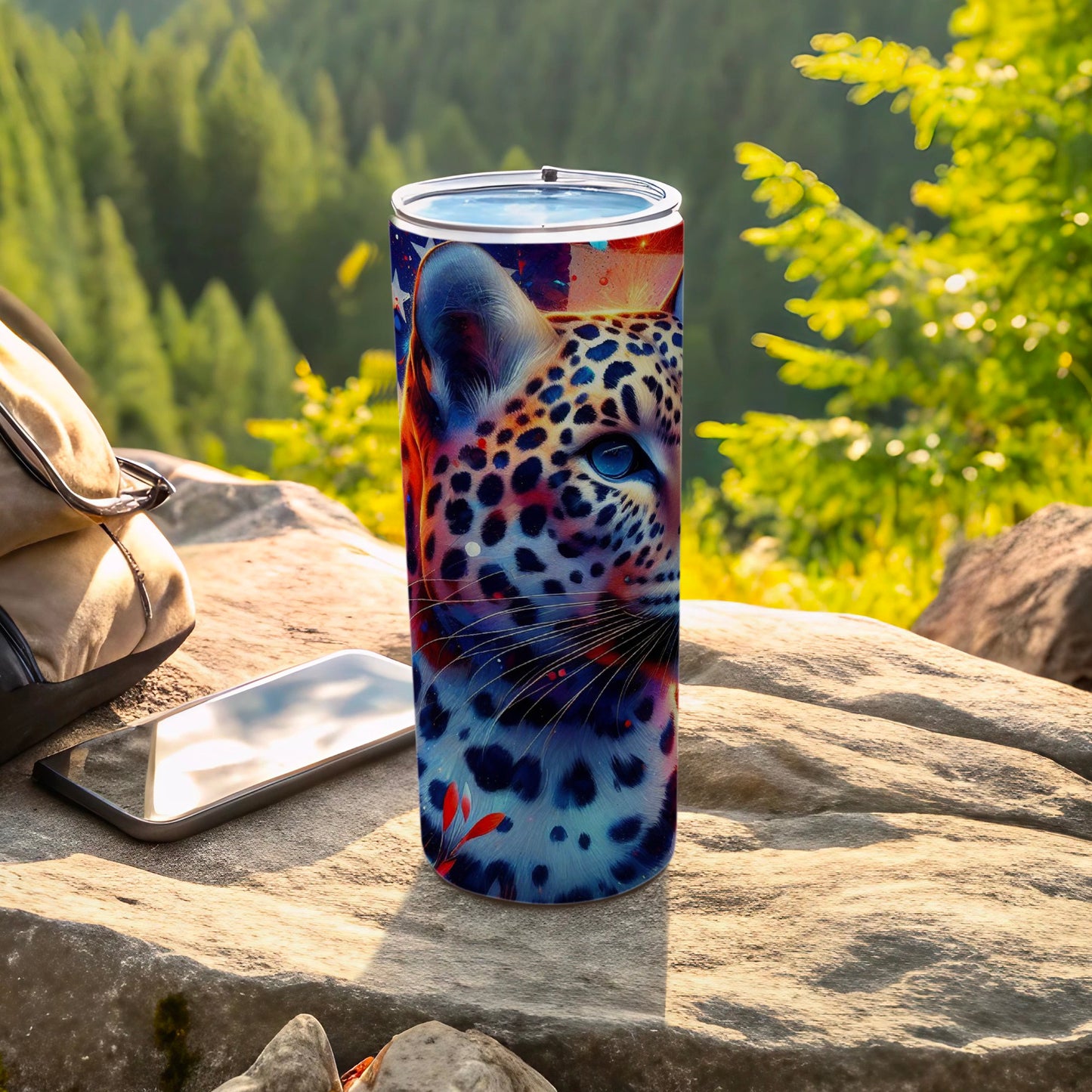Tall tumbler with colorful leopard print design, next to backpack and phone.