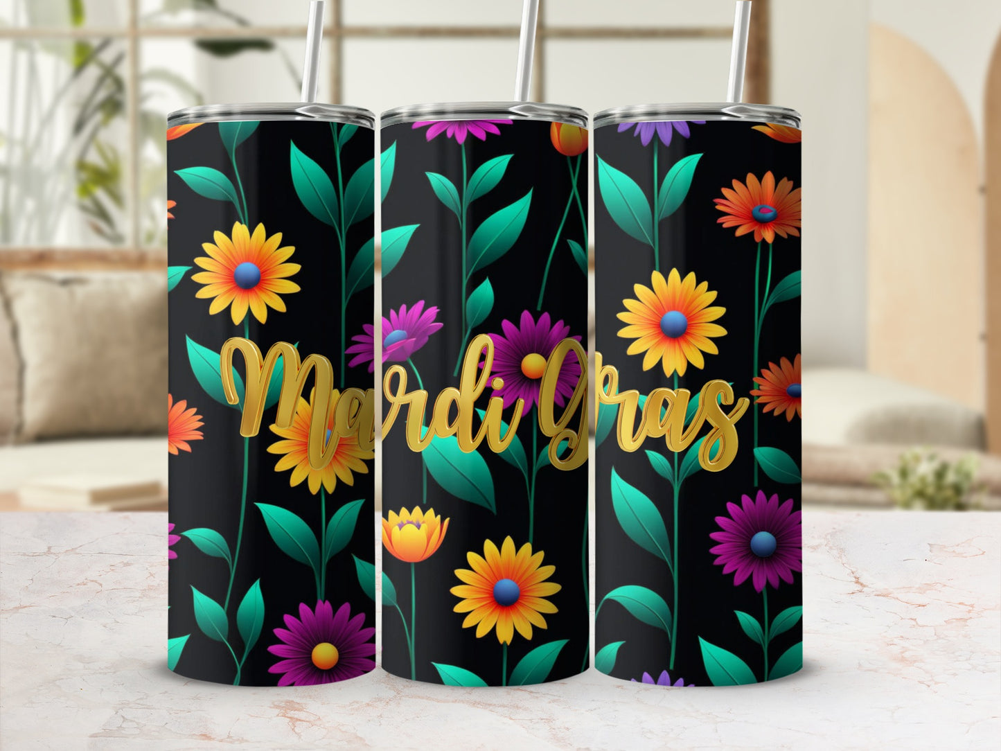 Black tumbler with Mardi Gras text and colorful floral pattern.