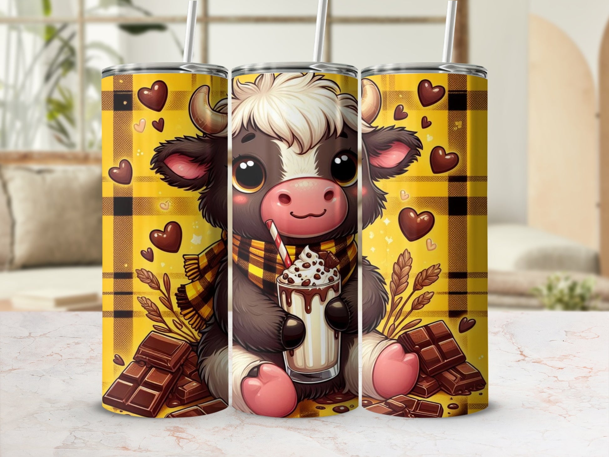 Cute Cow Chocolate Themed Tumbler With Hearts Print