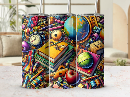 Tumblers with a colorful school supply and textbook pattern.