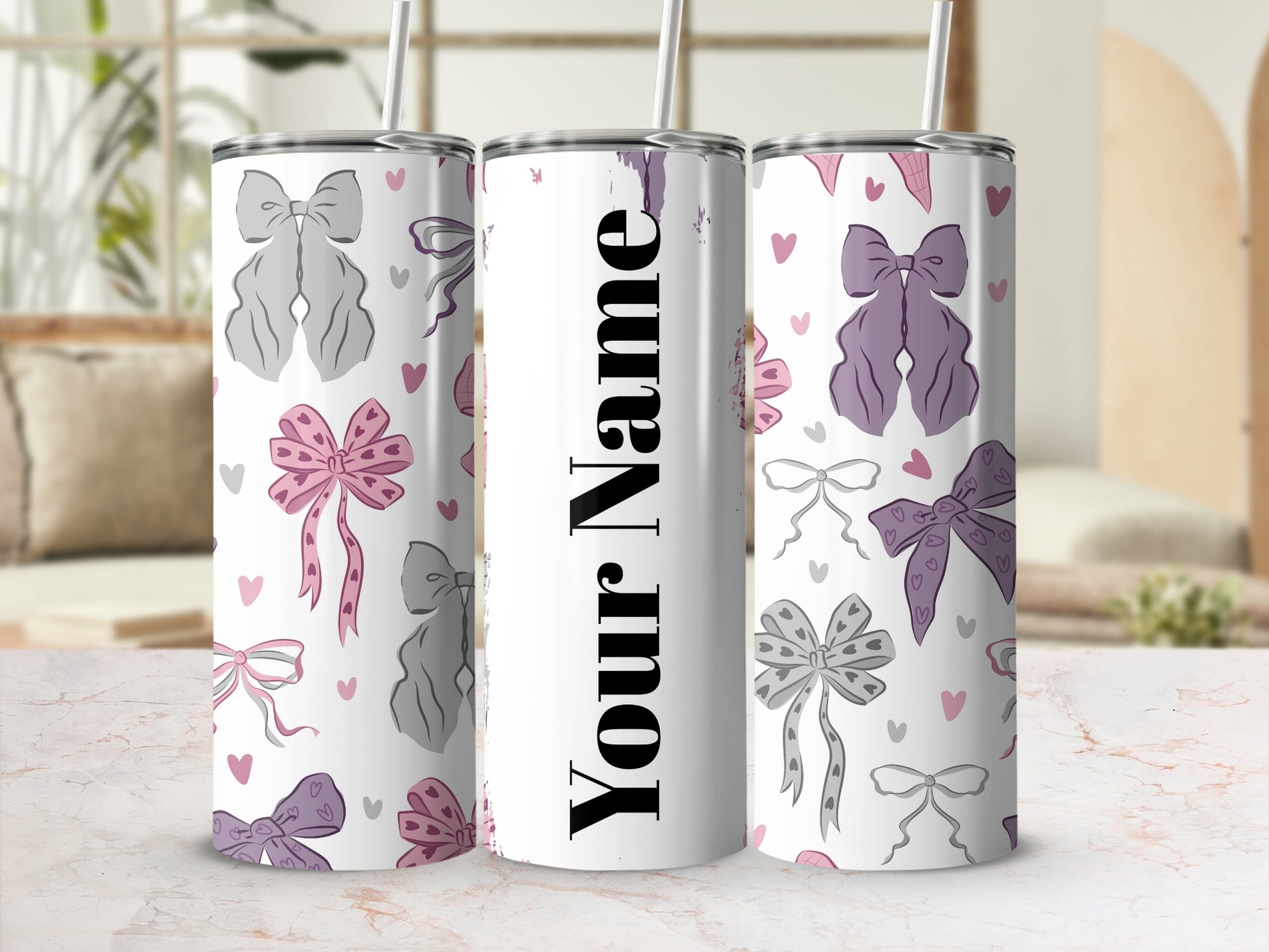 Customized Bow and Heart Pattern Tumbler with Straw