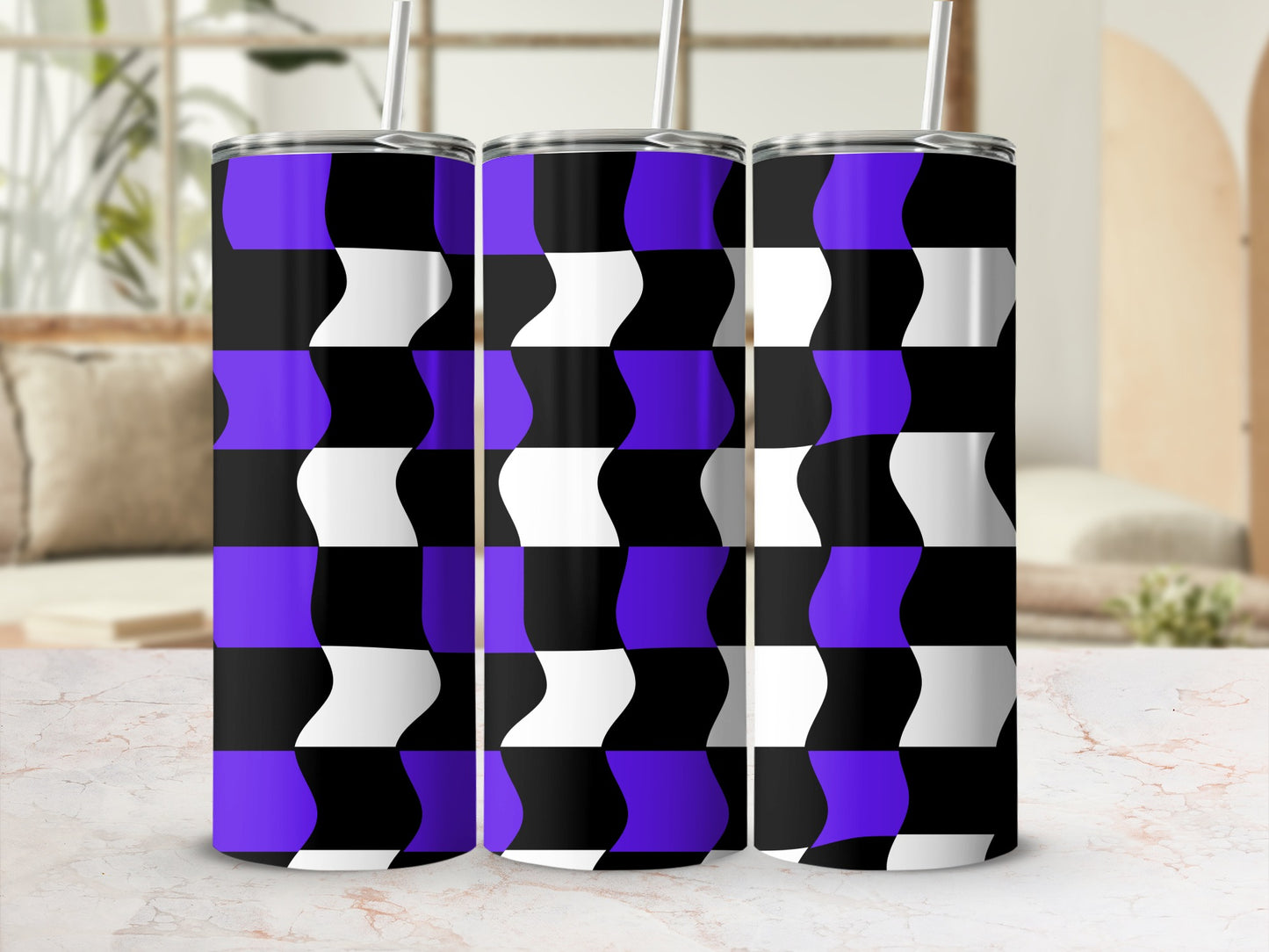 Three tumblers with a purple, black, and white wavy geometric pattern.