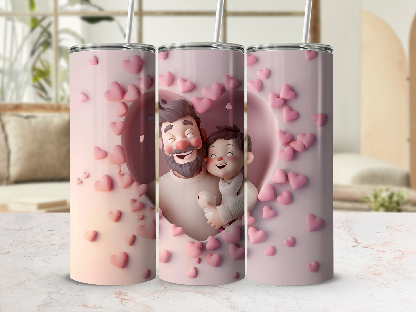 Father and son embraced within a heart-shaped frame of pink hearts.