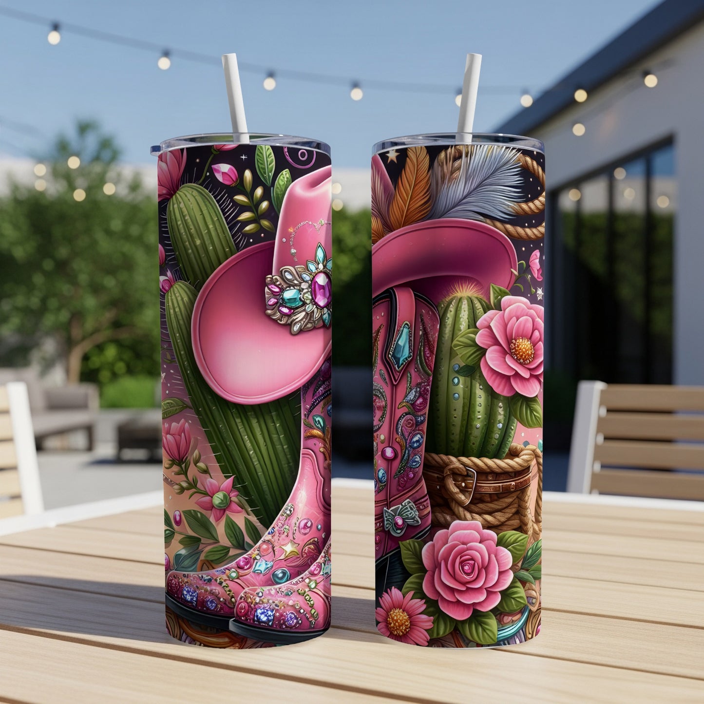 Pink cowboy boot and hat with cacti and flowers, on a tumbler.