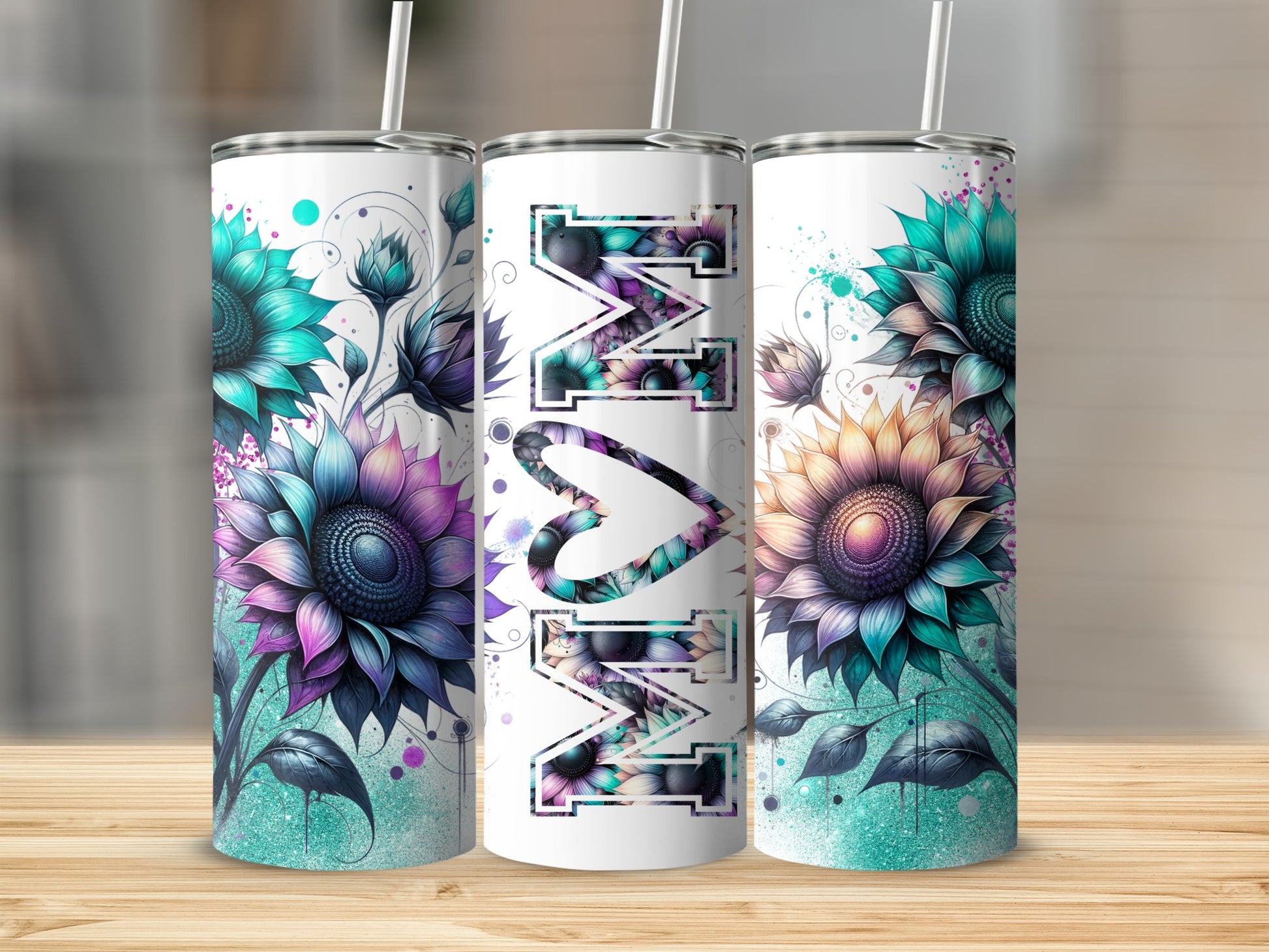 Three tumblers decorated with colorful sunflowers and the word "Mom".
