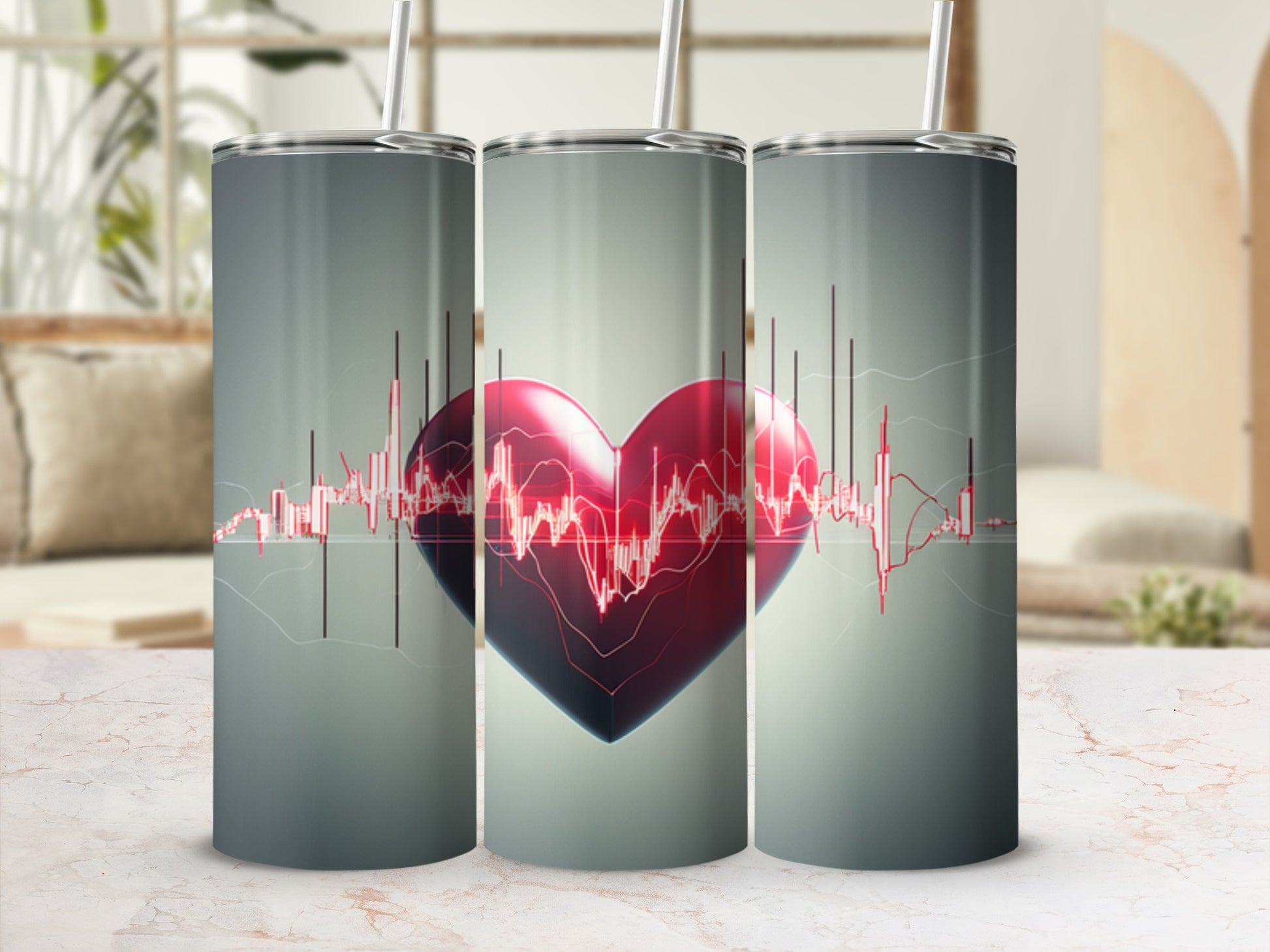 Three tumblers display a red heart and an EKG line graphic.