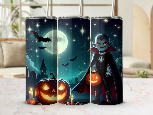 Halloween tumbler with vampire, jack-o'-lantern, bats, and full moon at night.