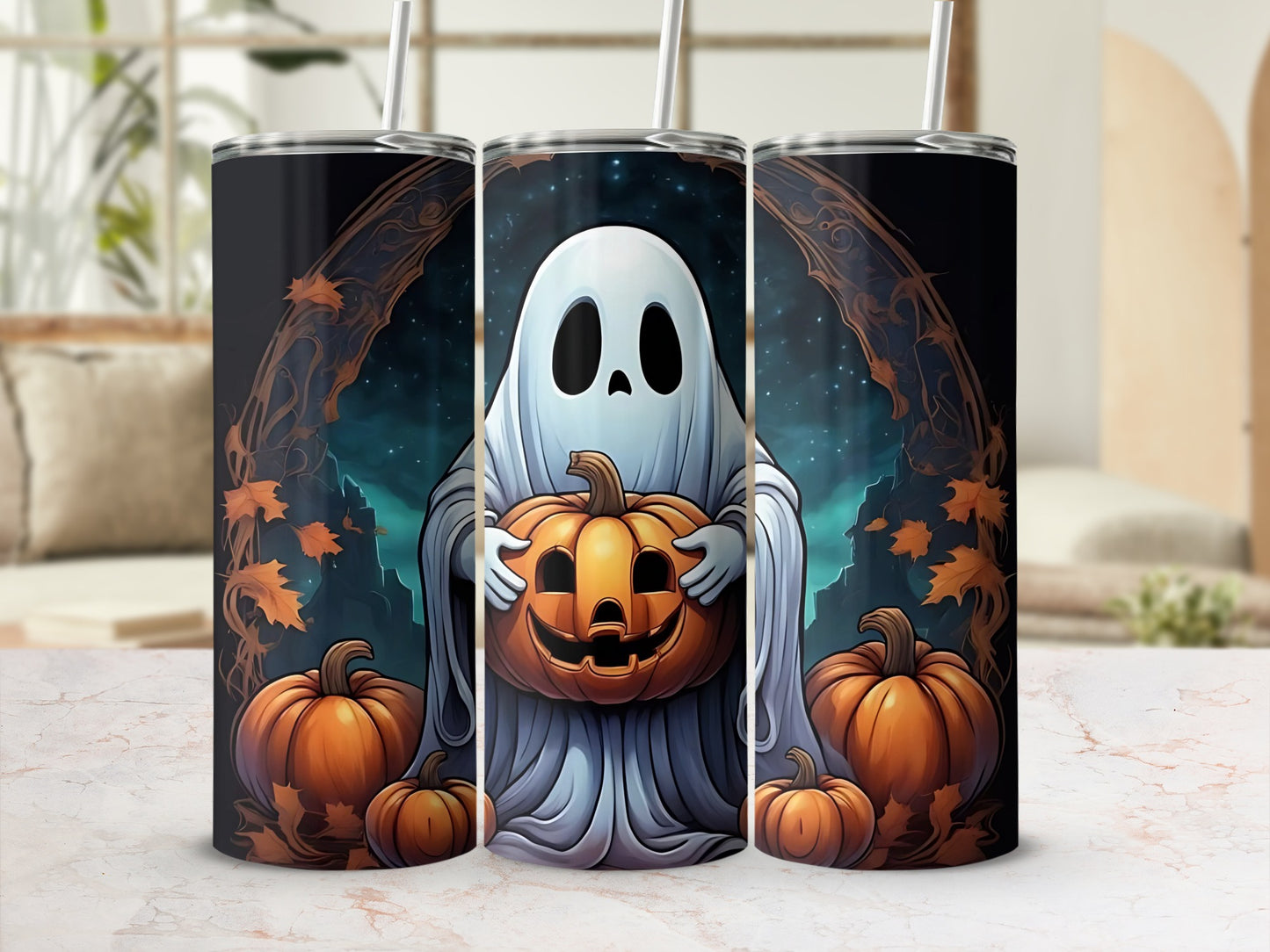 Ghost holding jack-o'-lantern, surrounded by pumpkins and autumn leaves.