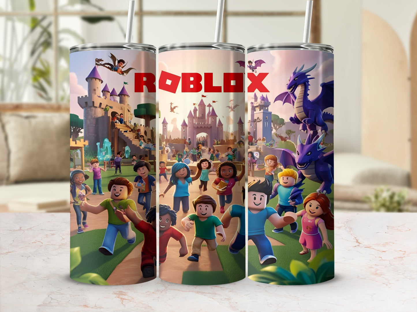 Roblox castle scene with cartoon children and dragons, tumbler wrap.