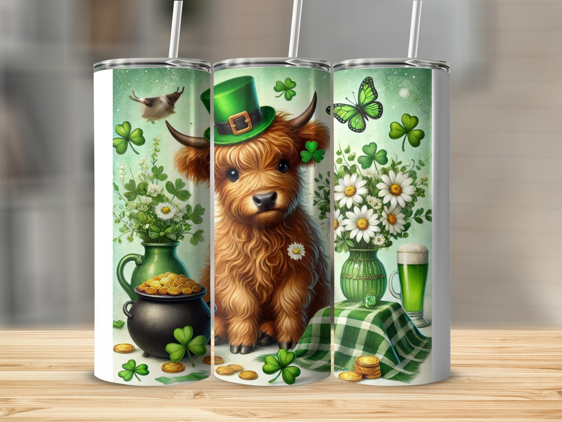 Highland cow wearing green hat with St. Patrick's Day clover and coins.