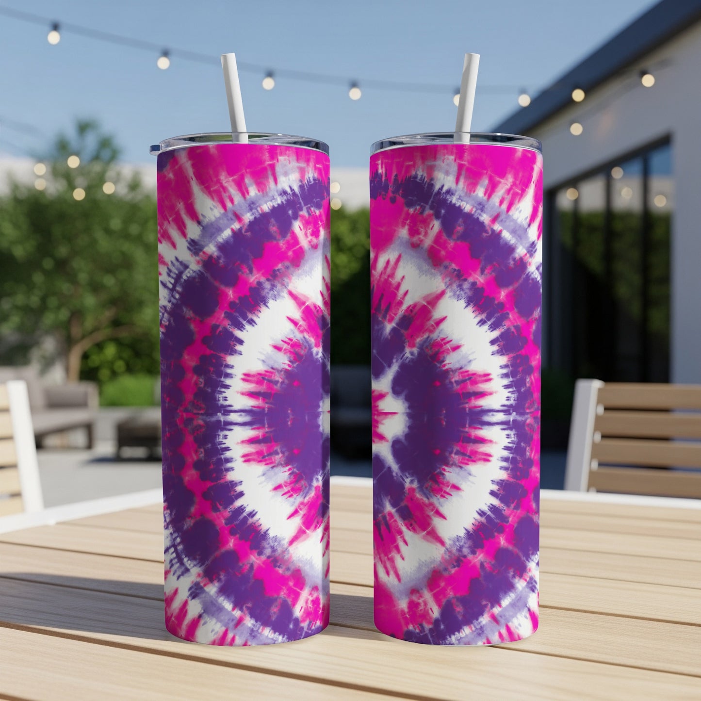 Two tall tumblers with pink and purple tie-dye pattern, each with a white straw.