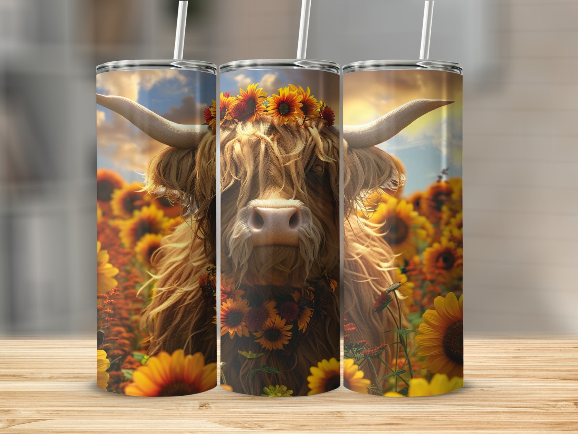 Highland cow with sunflower crown in a field of sunflowers.