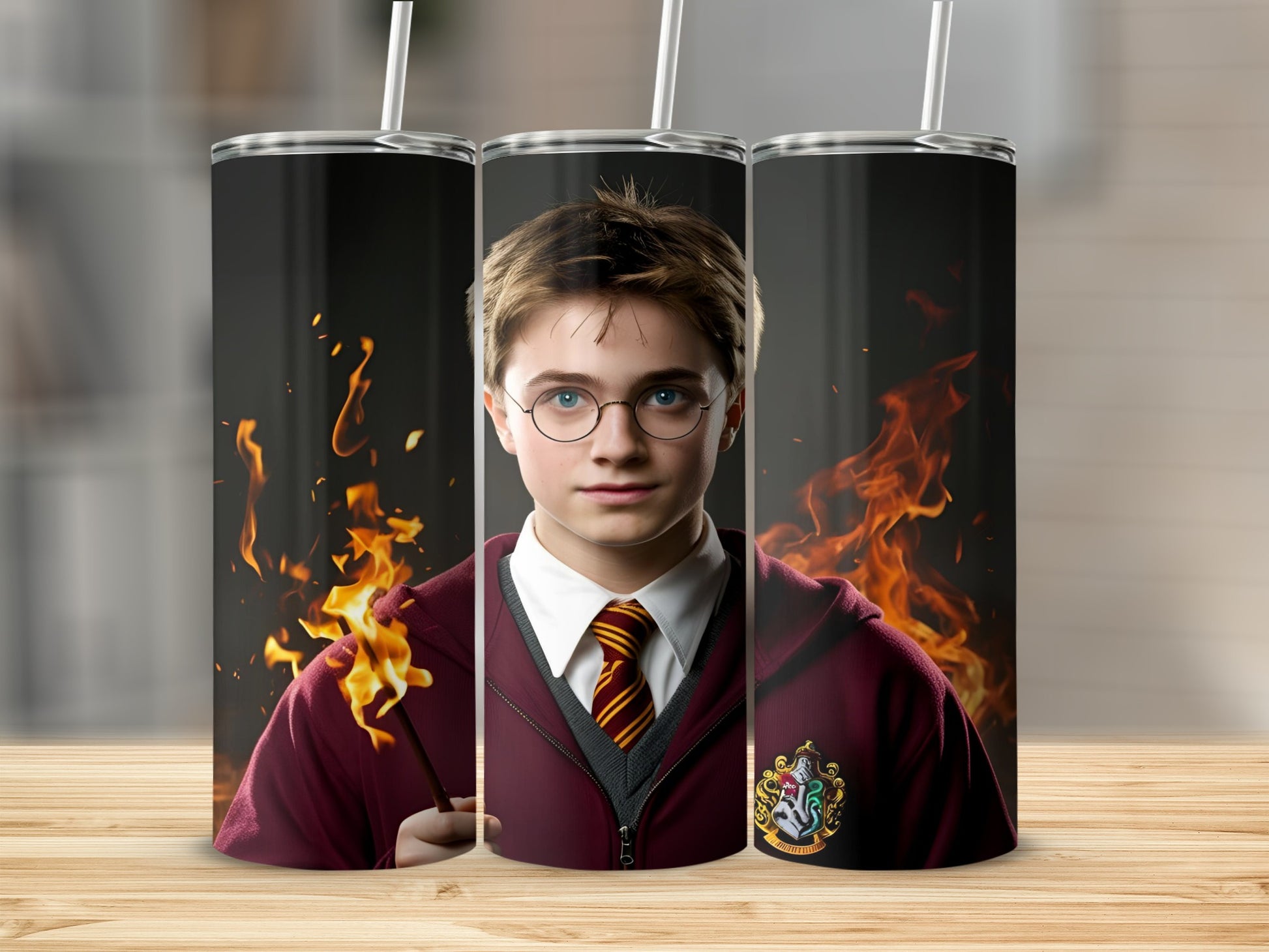 Harry Potter with wand ablaze, on a Hogwarts-themed tumbler.