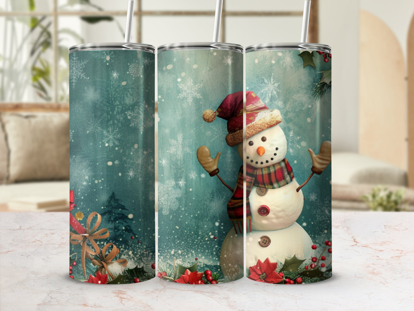 Tall tumbler with a festive snowman and snowflake design, wrapped in a scarf.