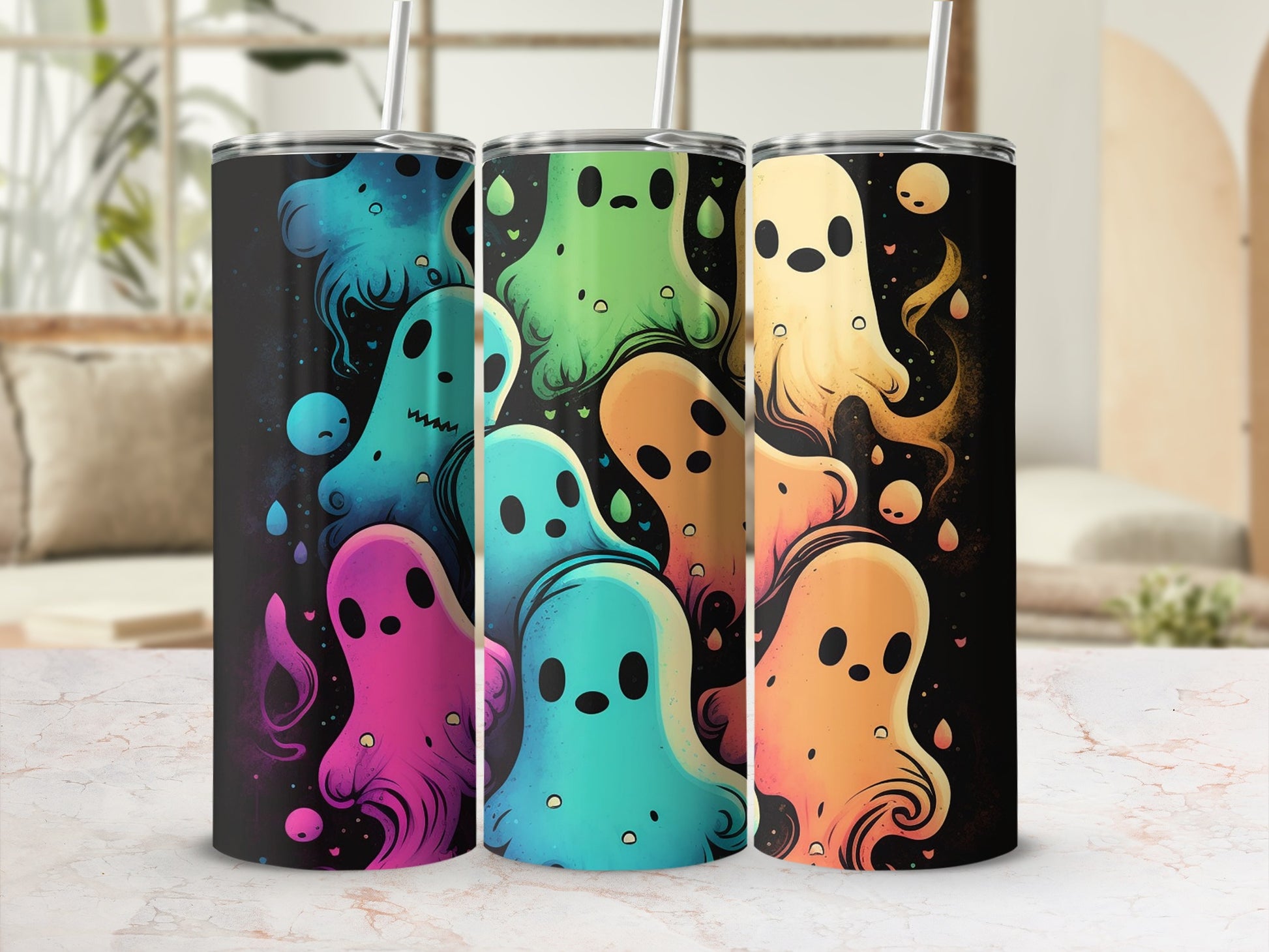 Colorful Ghost Design Insulated Tumbler with Straw