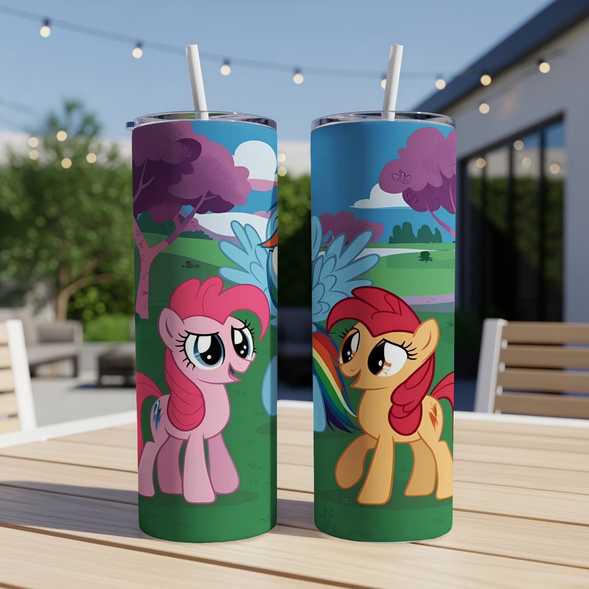 Pinkie Pie and Apple Bloom from My Little Pony on a colorful tumbler.