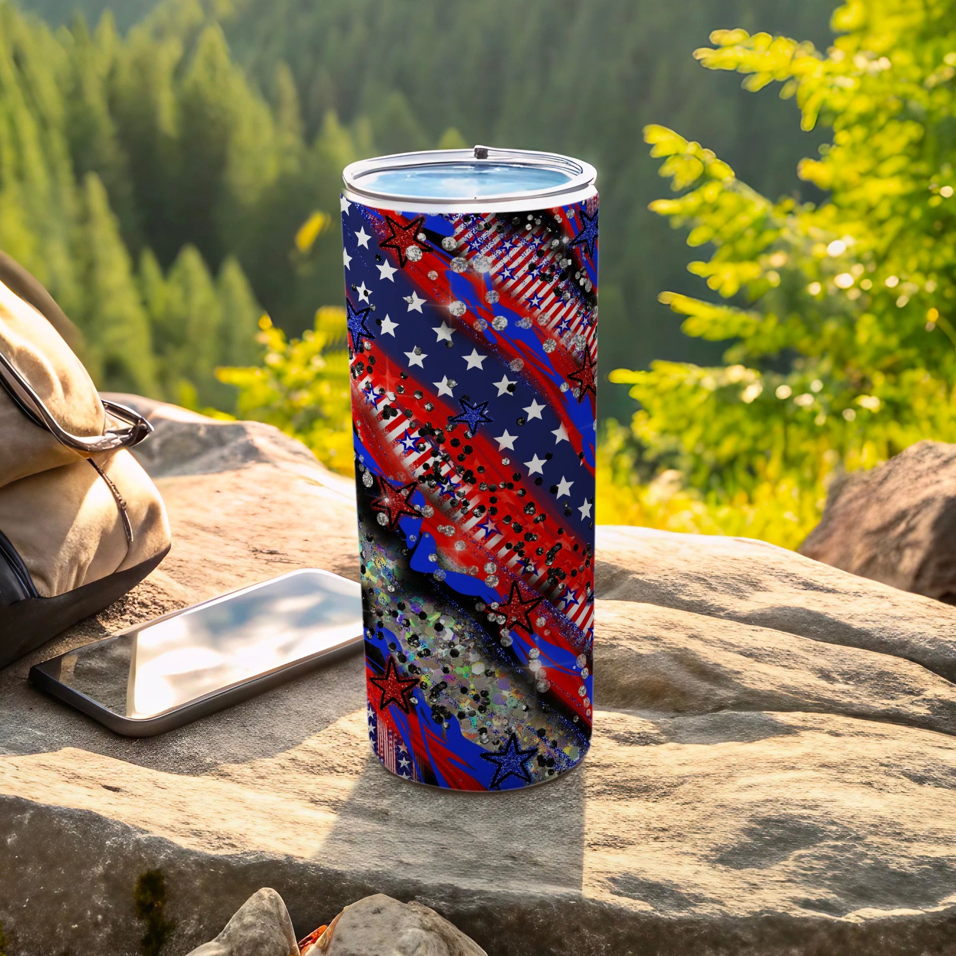 Tall tumbler with American flag pattern, stars, stripes, and glitter.