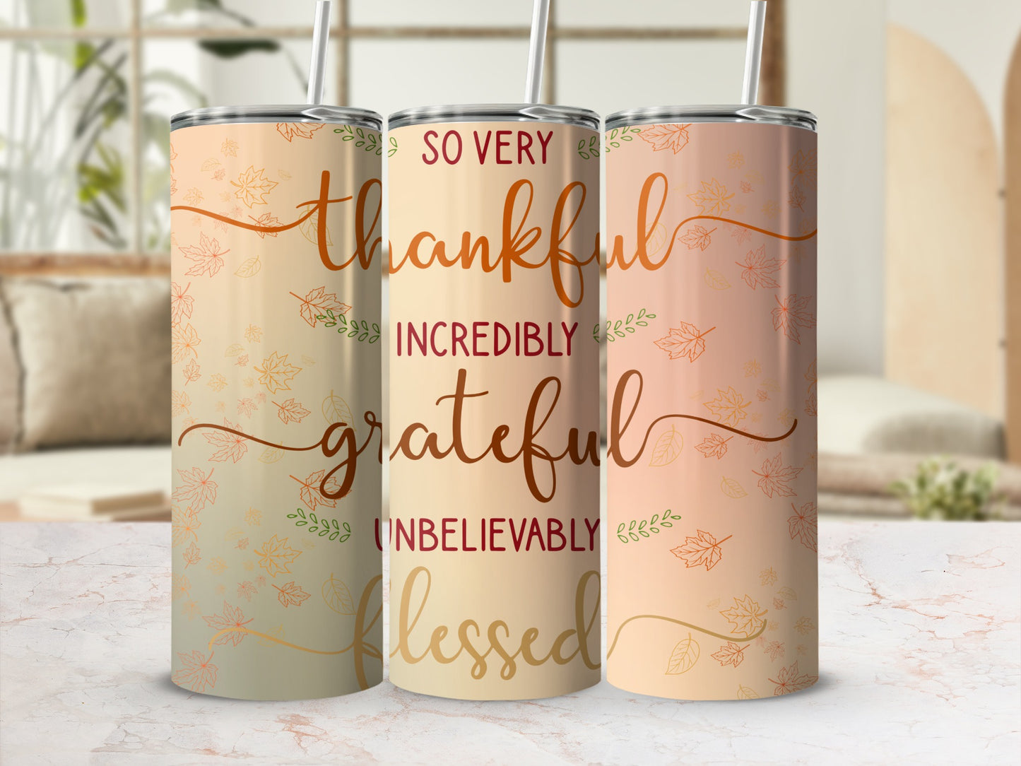 Thankful Grateful Blessed Fall Leaves Tumbler Set