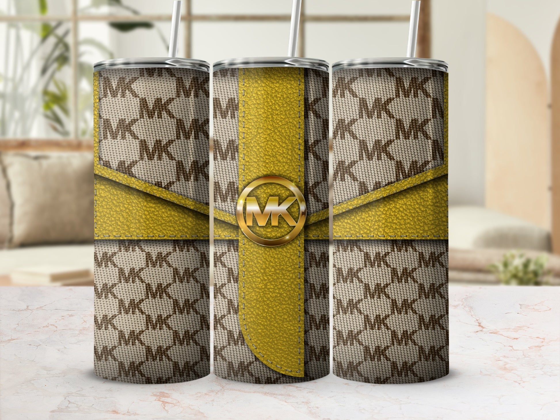 Stylish Yellow Pattern MK Stainless Steel Tumbler
