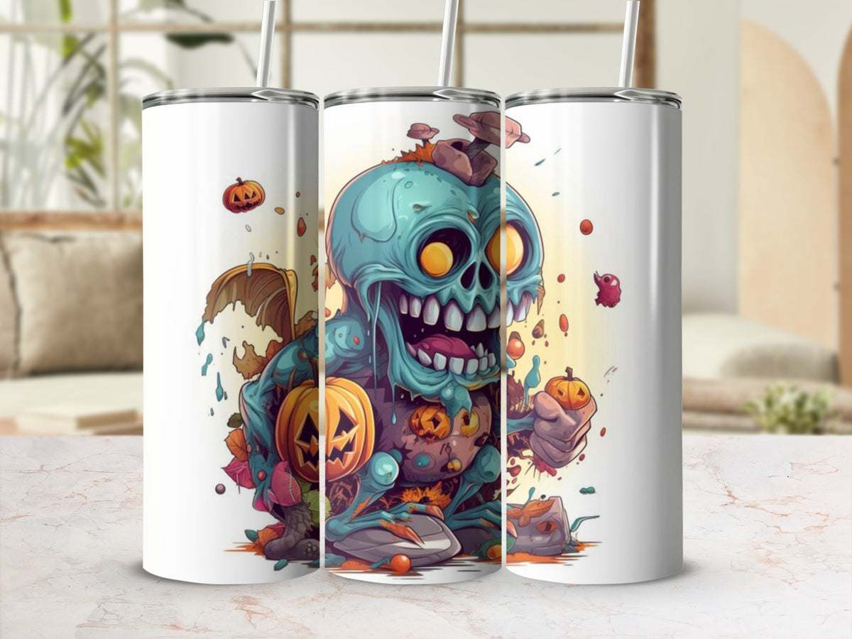Tumbler featuring a cartoon zombie with pumpkins and Halloween motifs.