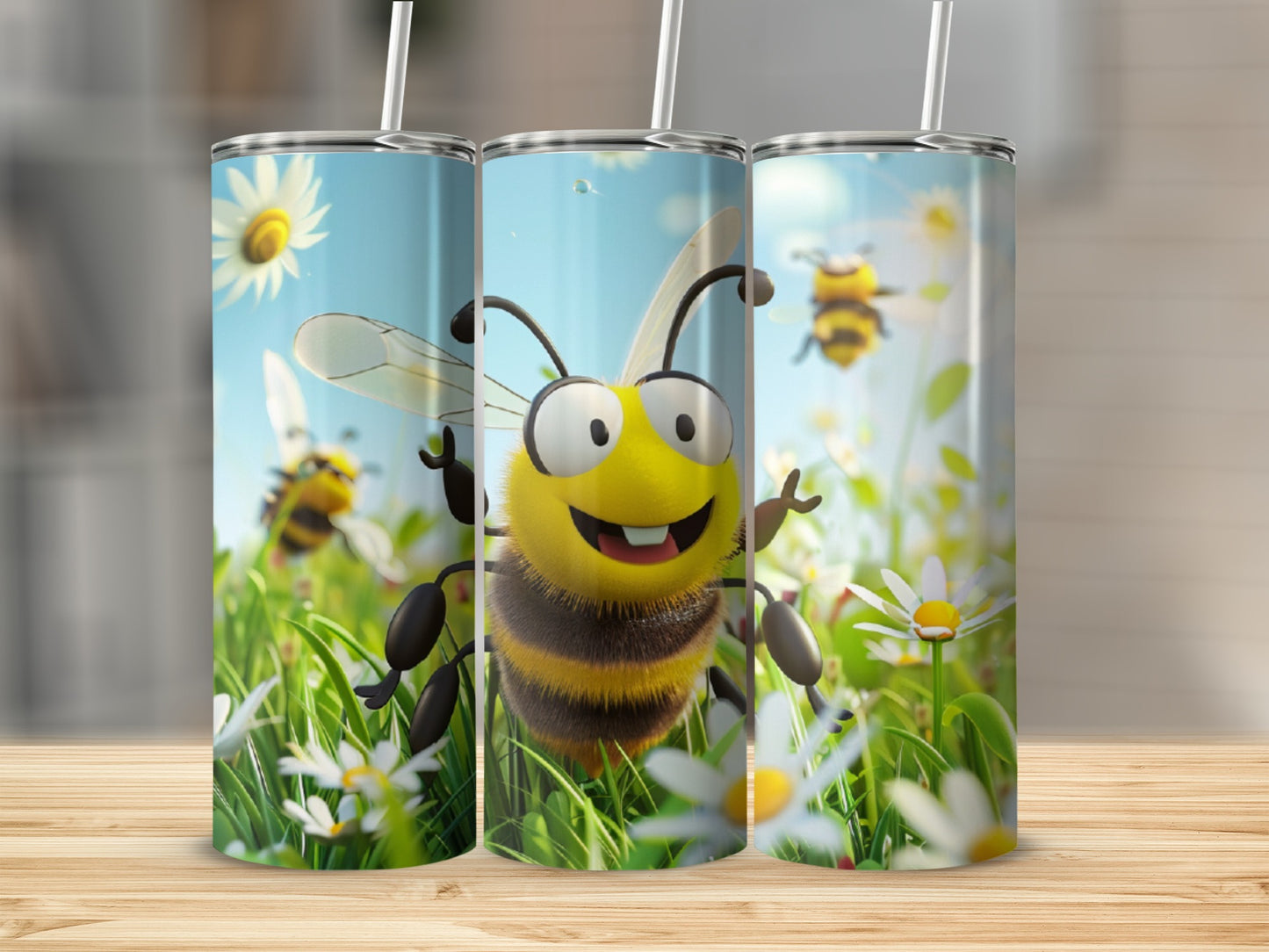 Three cartoon bees in a field of daisies and grass.