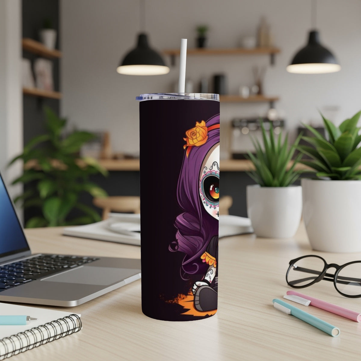 Tumbler with Day of the Dead sugar skull girl design and straw.