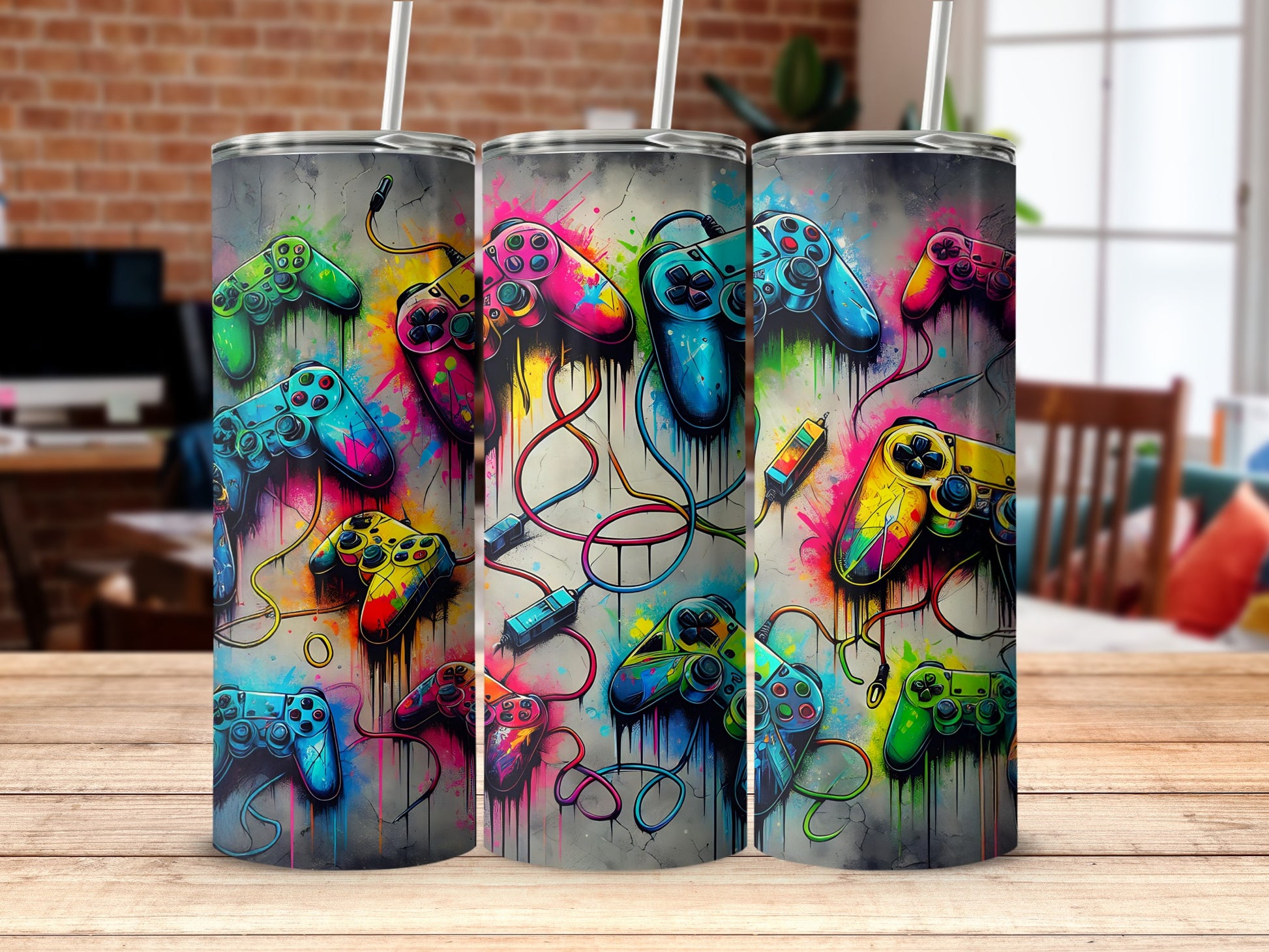 Vibrant Gaming Controllers With Graffiti Art Tumbler