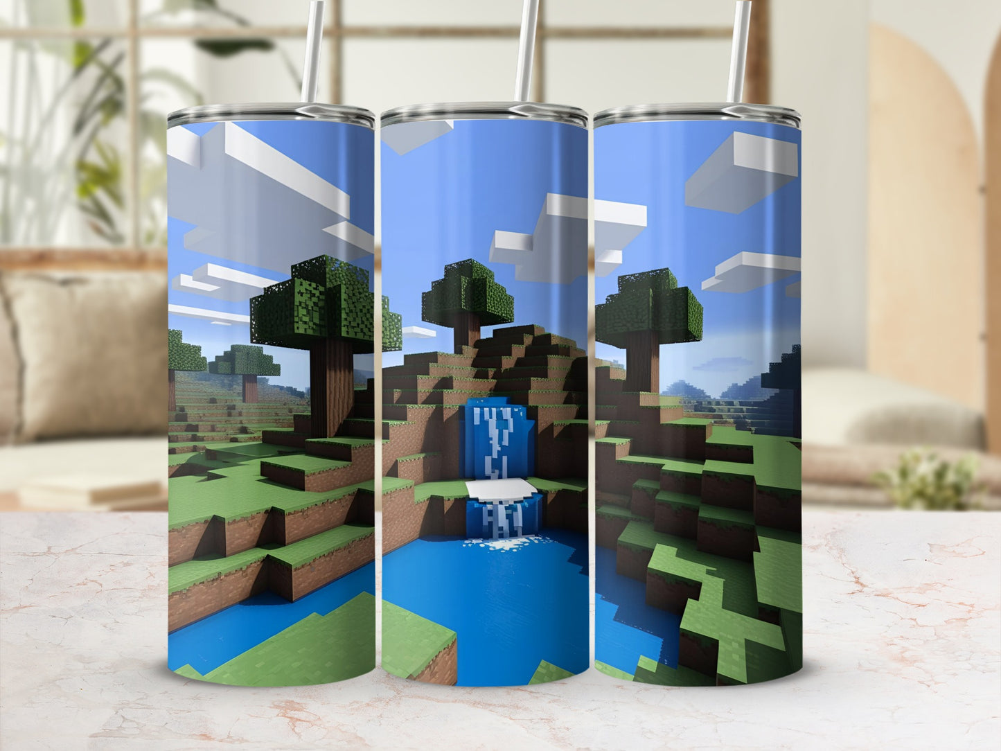 Minecraft landscape with waterfall and trees on a tumbler.
