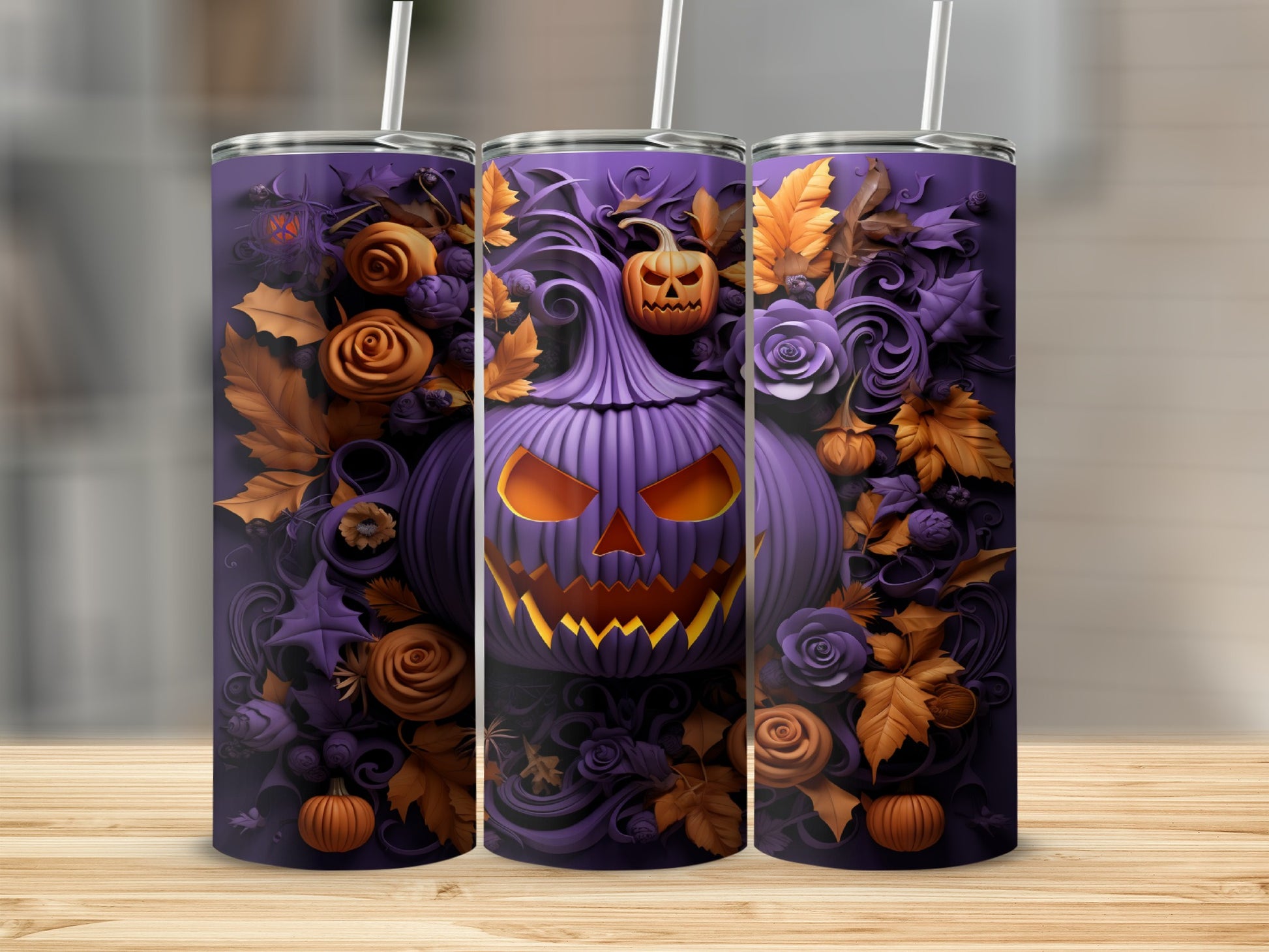 Three purple tumblers with a Halloween pumpkin design and floral accents.